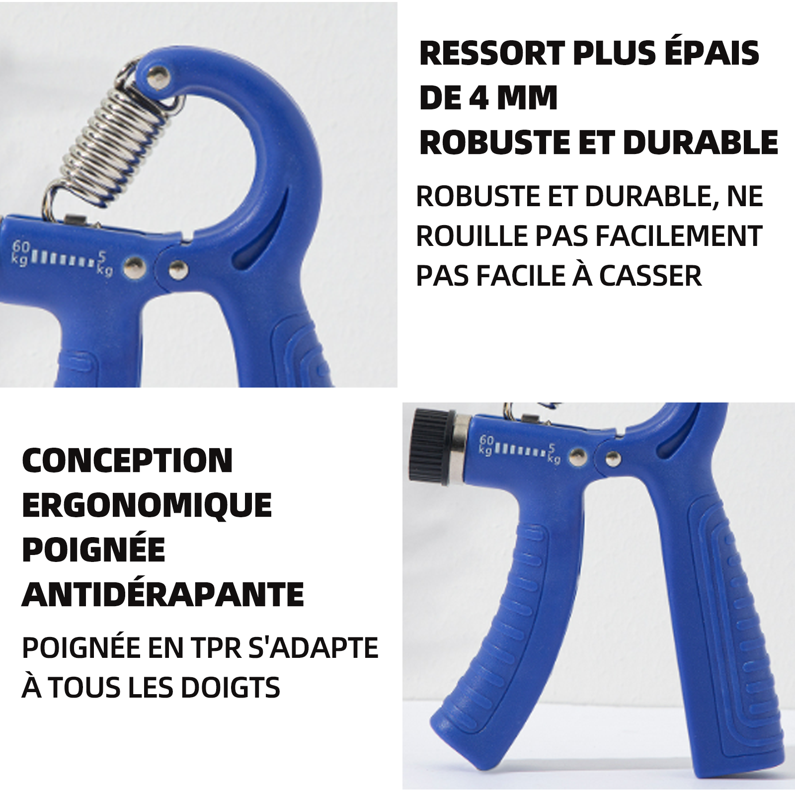 Hand grip basic grip strength grip 5-60 kg renforçateur de bras design ergonomique poignée confortable antidérapante TPR Bleu