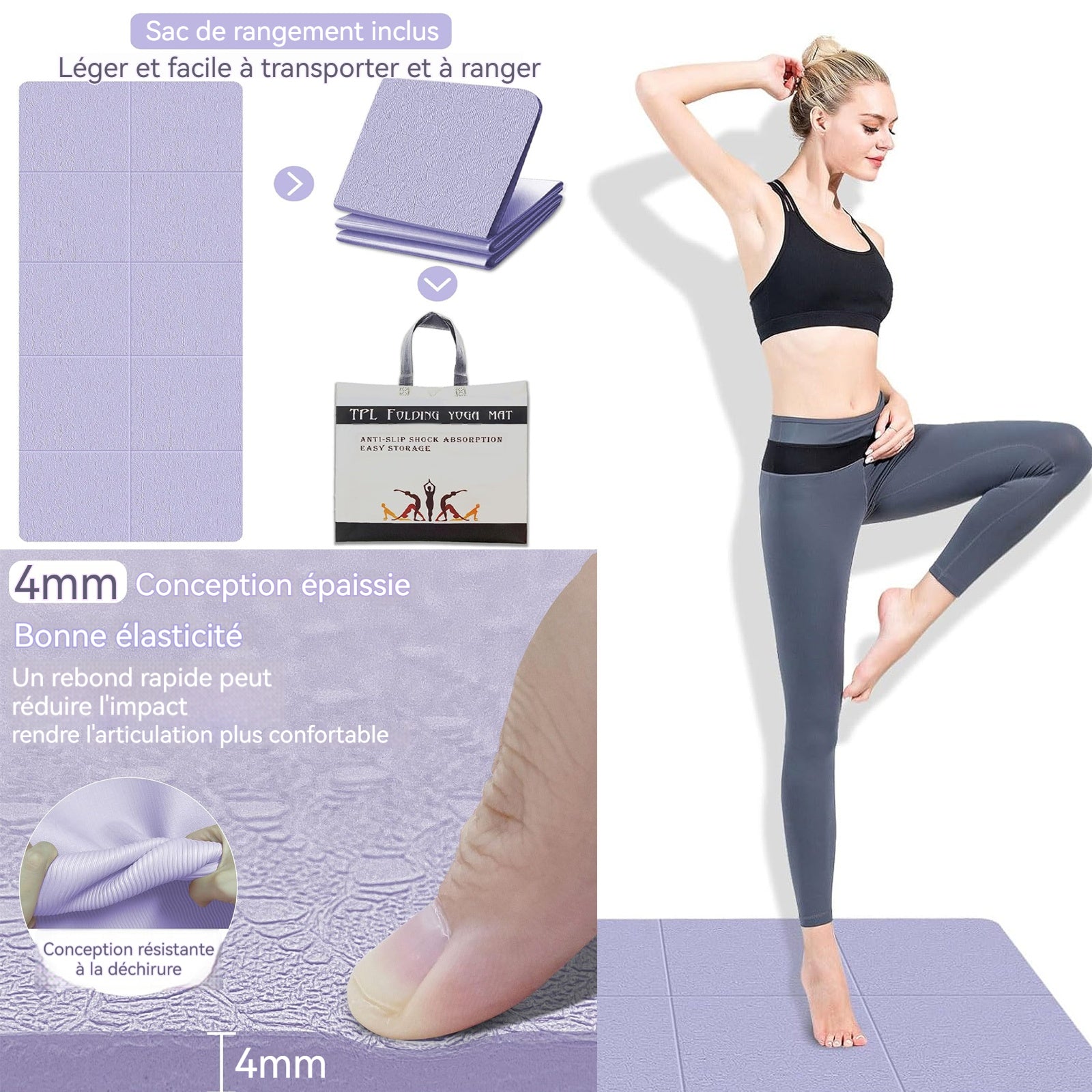 Tapis de Yoga Pliable FitnessMat 183x61cm Voyage Tapis de Yoga Antidérapant et épais Pilates Tapis de Gymnastique Sportive Violet