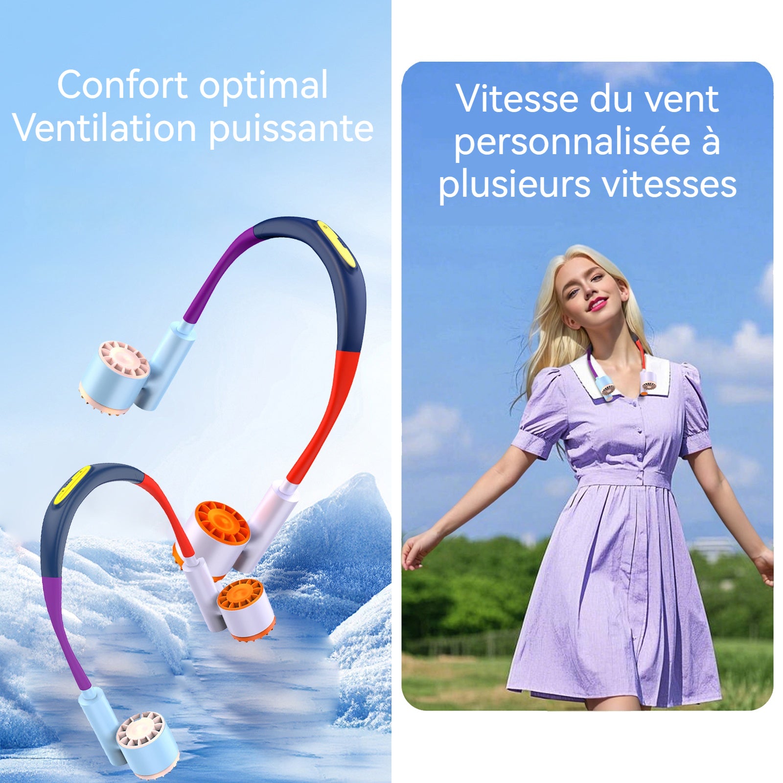 Ventilateur de Cou 2400 mAh Ventilateur réglable à trois vitesses Profitez d'une fraîcheur durable Ventilateur axial portable