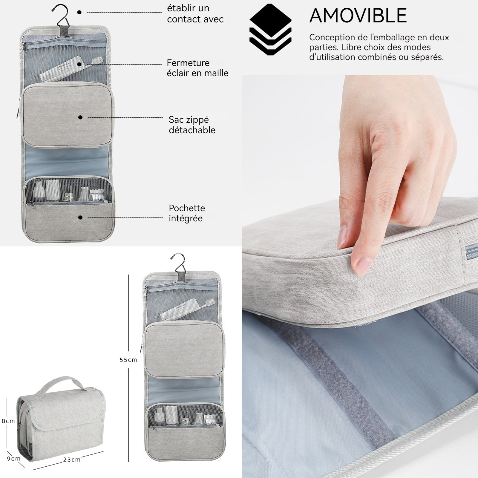 Trousse de toilette suspension multifonctionnelle amovible portable séparation sèche et humide trousse maquillage toiletry bag