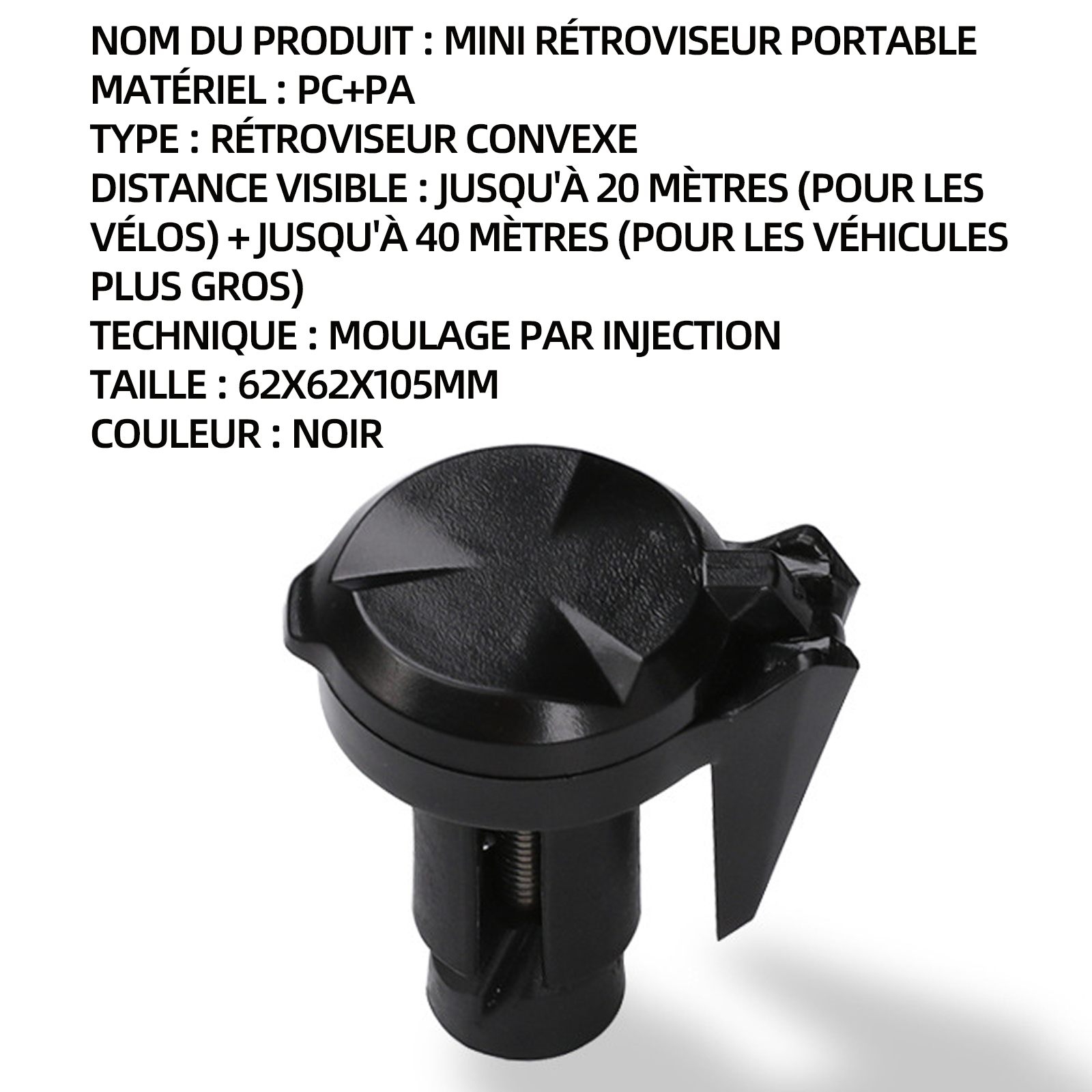 Rétroviseur vélo mini rétroviseur PC + PA distance de visualisation de vélo 20 m rétroviseur portable à angle réglable 62x62x105mm