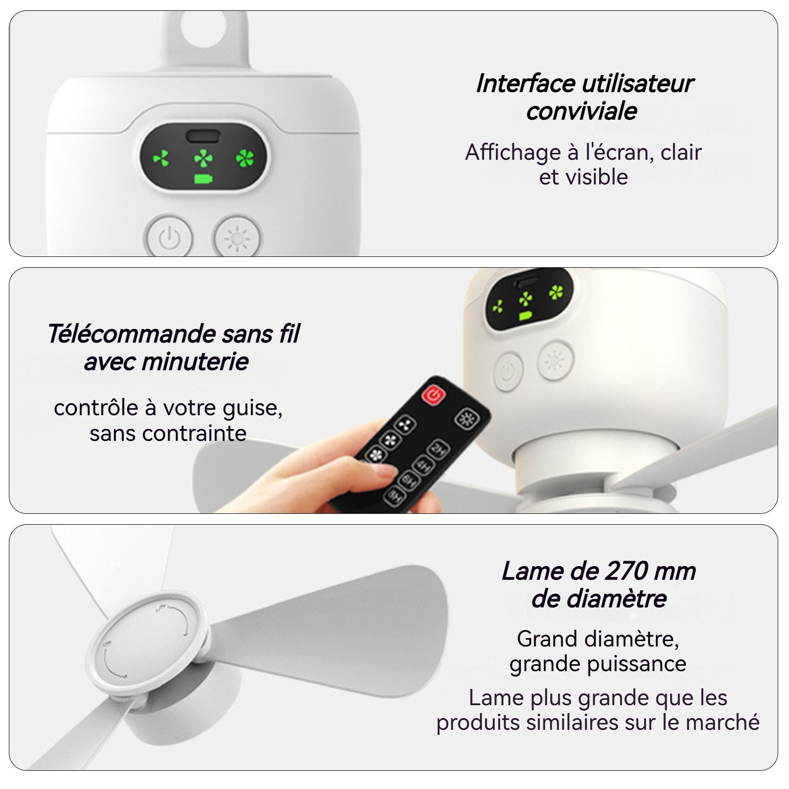 Ventilateur de plafond portable 8000mah 3 vitesses réglables avec veilleuse LED avec télécommande petit ventilateur de camping