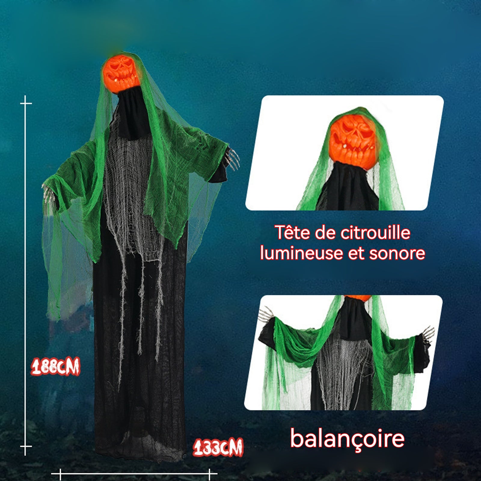 Décorations d'Halloween 188x133cm Halloween pumpkin ghost sensor lighting sounding arm swing propdecoration de fete a suspendre