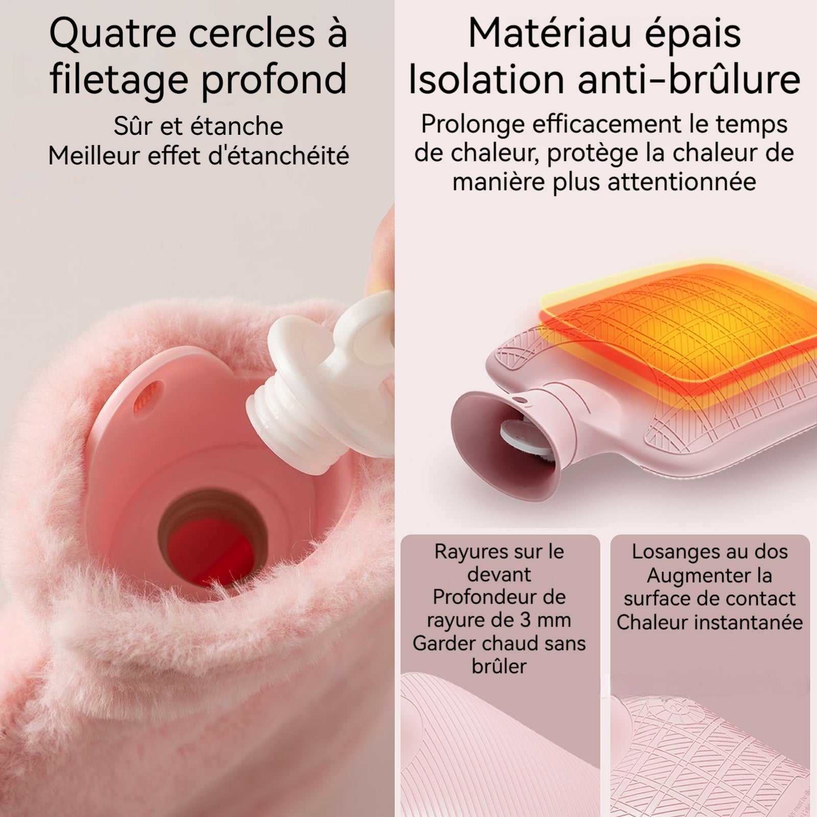 Bouillotte eau chaude 2 L 31 x 19 cm Fourrure de lapin Retient la chaleur pendant 3 à 5 heures Imperméable Bouillotte avec housse