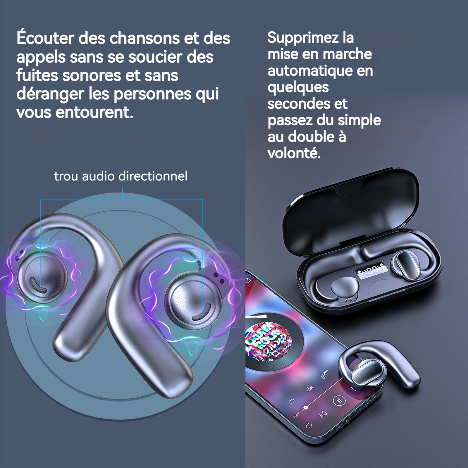 Casque Conduction Osseuse IPX6 noir batterie 400mA bluetooth 5.3 faible bruit Ecouteurs bluetooth sans fil longue durée batterie