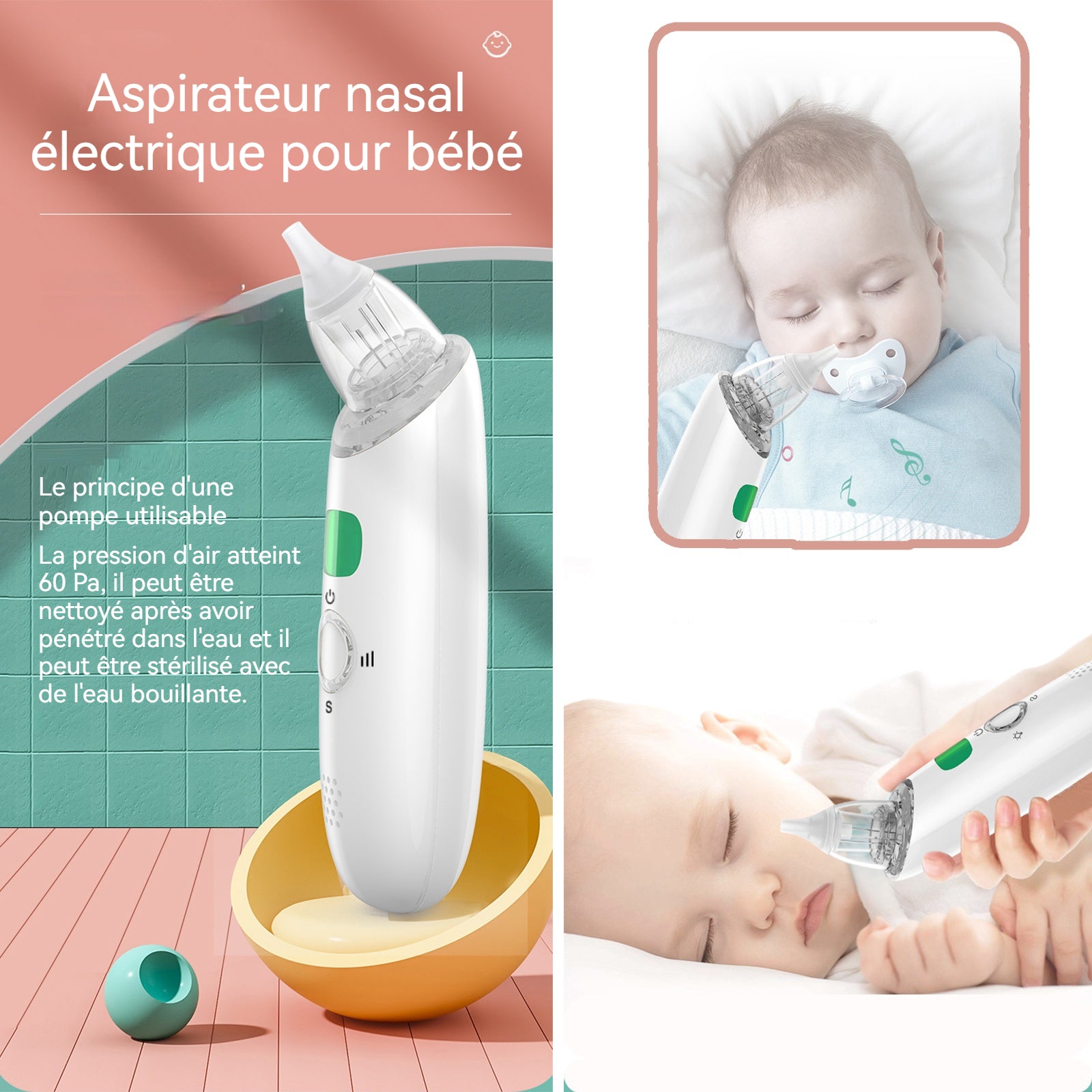 Aspirateur nasal 60kp Conception de la pompe à eau Régulation de la musique 3 vitesses Conception de l'éclairage Nettoyeur nasal