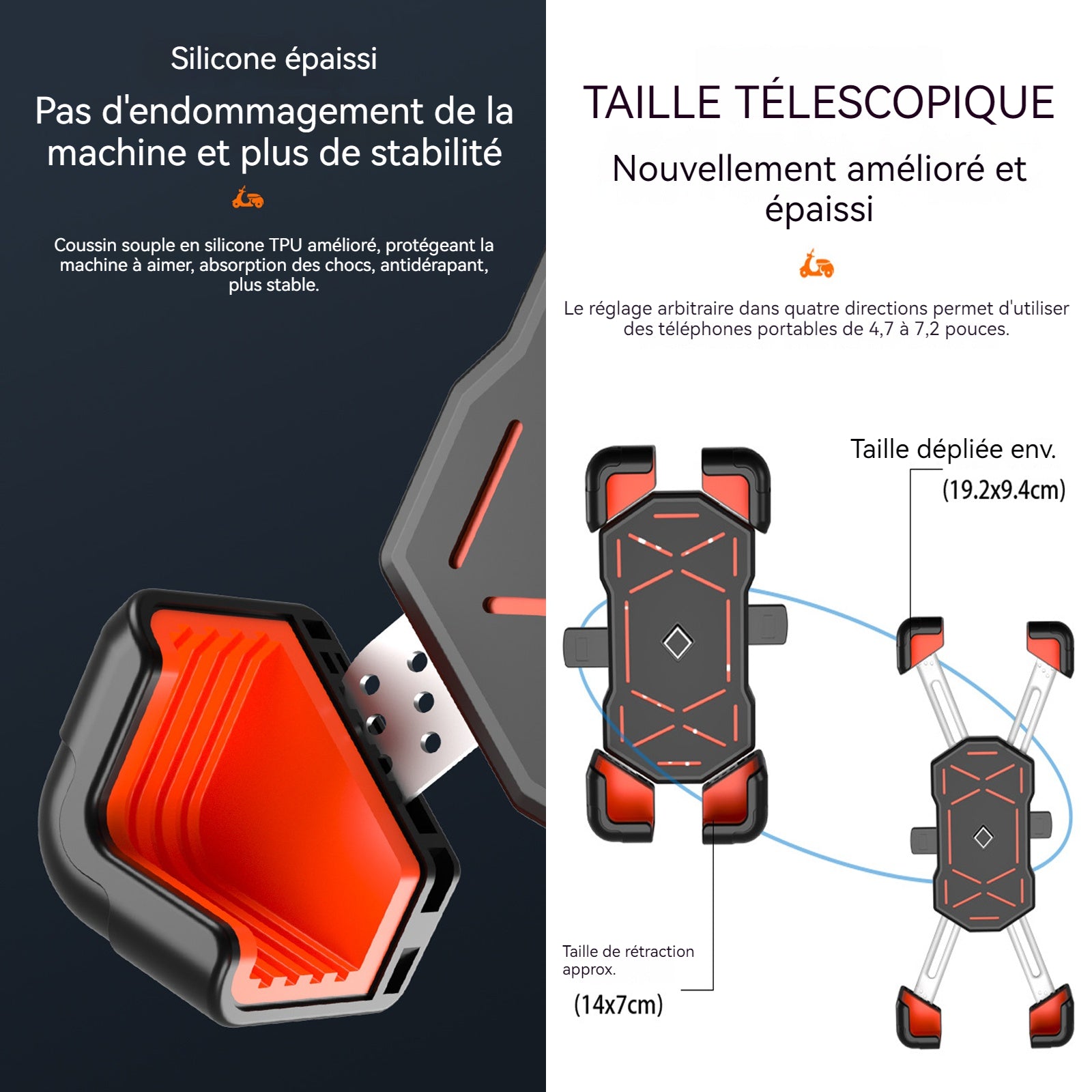 Support telephone moto 14x7cm 360 degrés rotation 1,7-3,0cm guidon diamètre porte telephone velo pour téléphones de 4,7-7,2 pouces