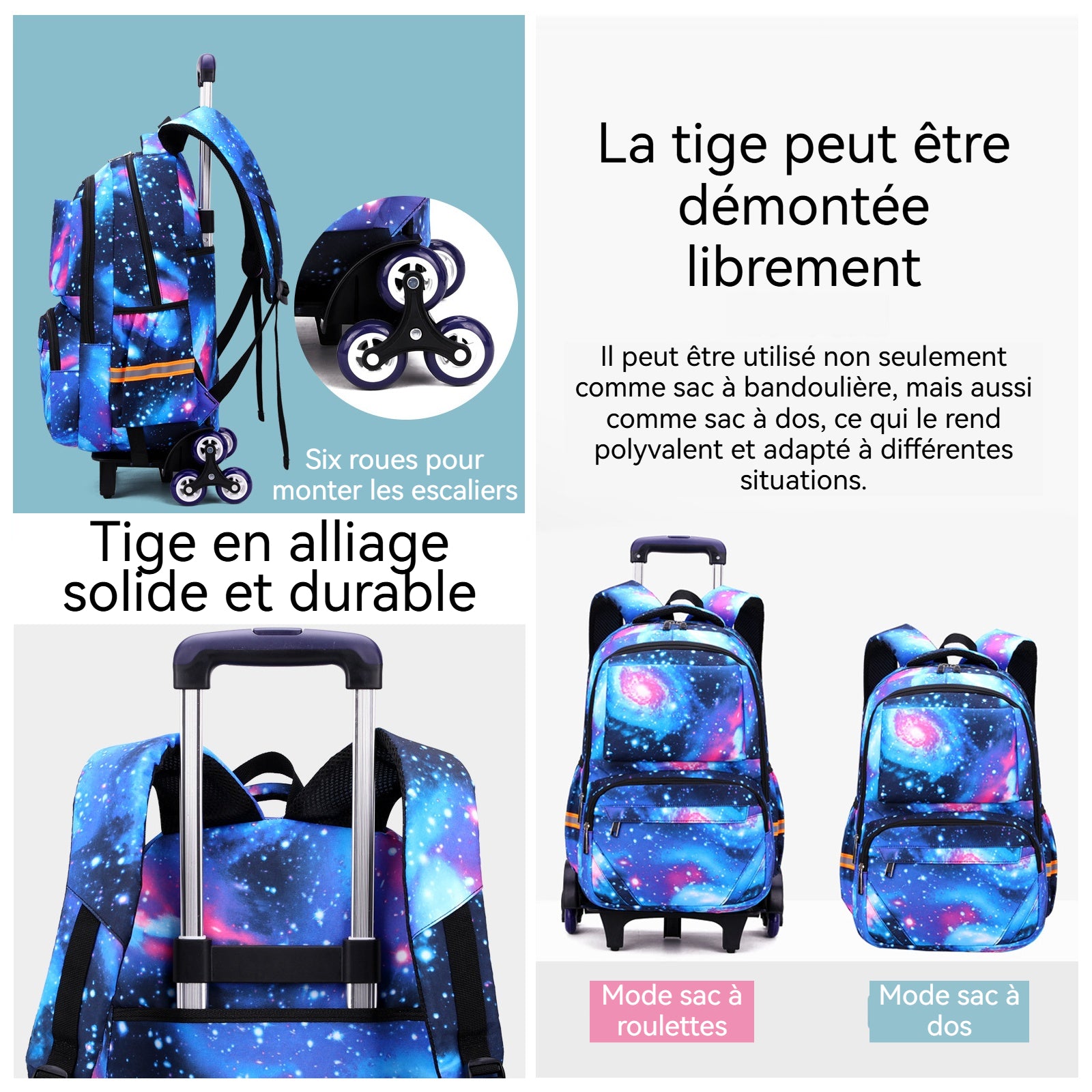 artable à roulettes 46x30x21cm 6roulettes imperméable sac dos et trolley poulie silencieuse grand espace de rangement sac à dos