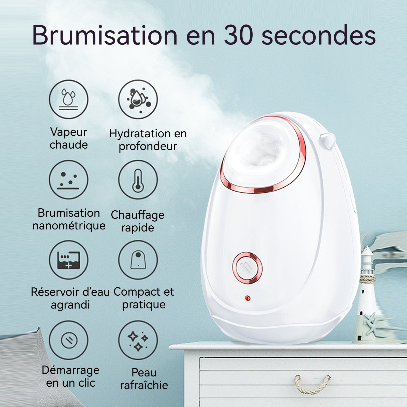 Vapeur pour le visage 280W Vaporisateur vapeur pour le visage Nano Humidificateur à vaporisation domestique Réservoir d'eau de 180ml