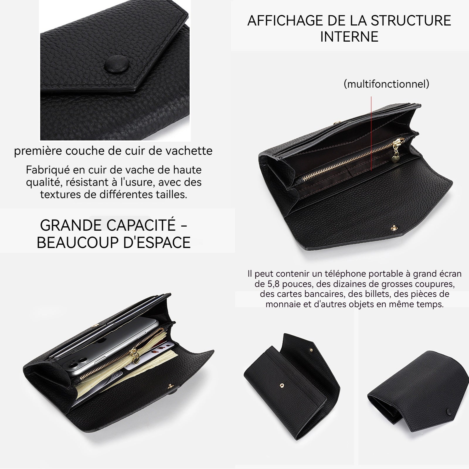 Portefeuille cuir véritable forme d'enveloppe portefeuille long entièrement en cuir de vachette portefeuille femme grande capacité