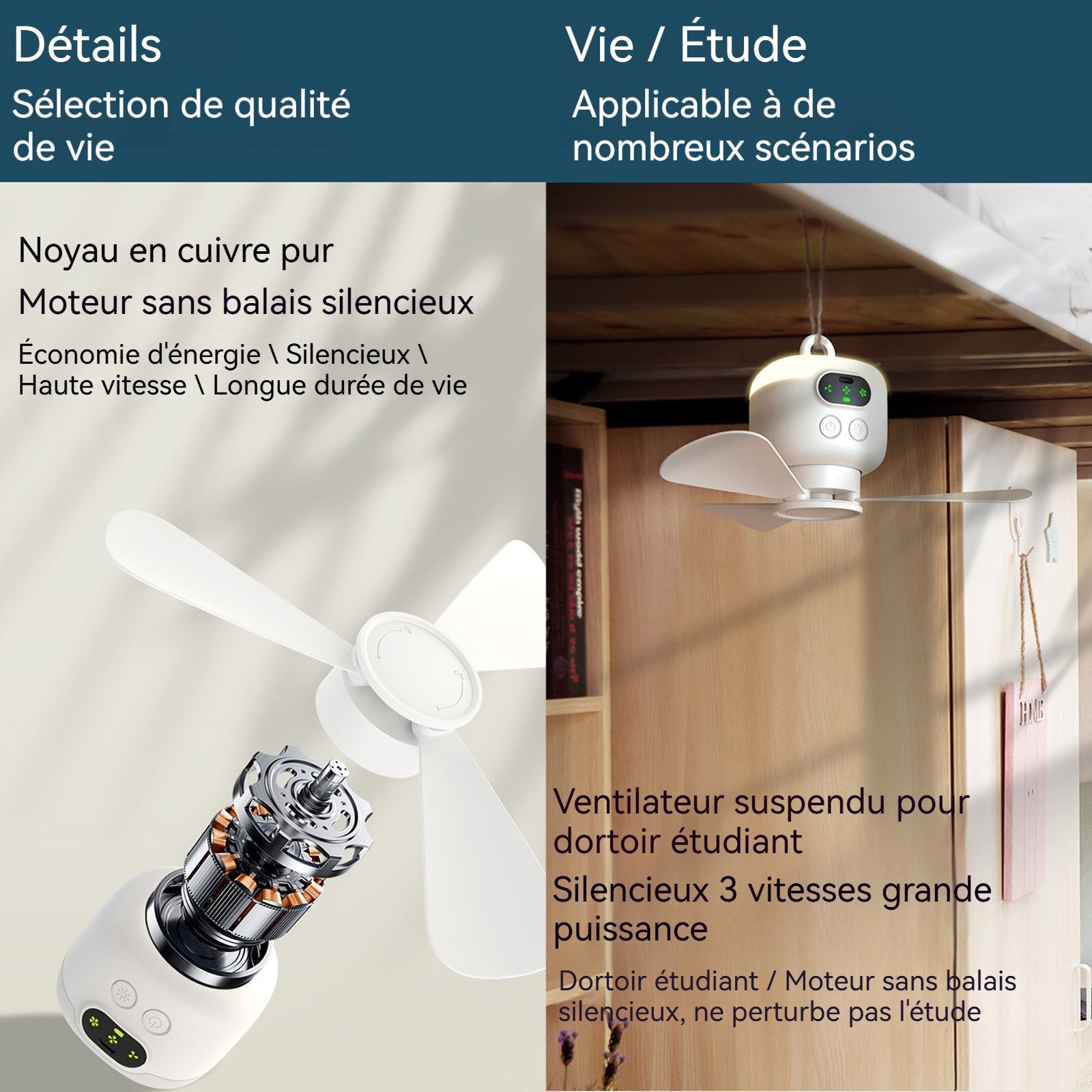 Ventilateur de plafond portable 8000mah 3 vitesses réglables avec veilleuse LED avec télécommande petit ventilateur de camping