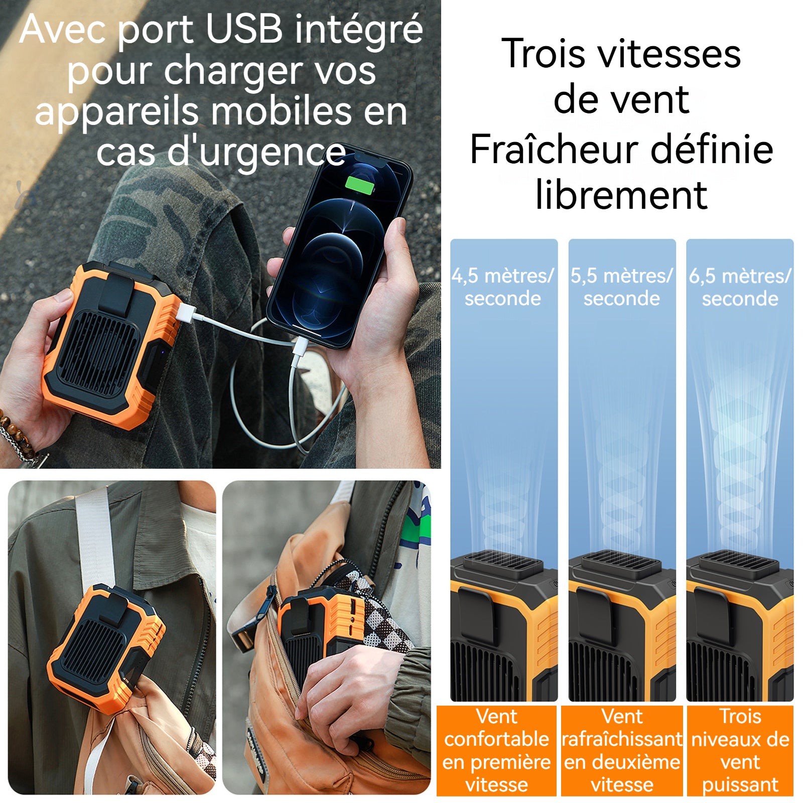 Ventilateur 4000mAh 3 vitesses de ventilation léger et portable faible bruit ventilateur de taille avec ceinture 120cm/veilleuse