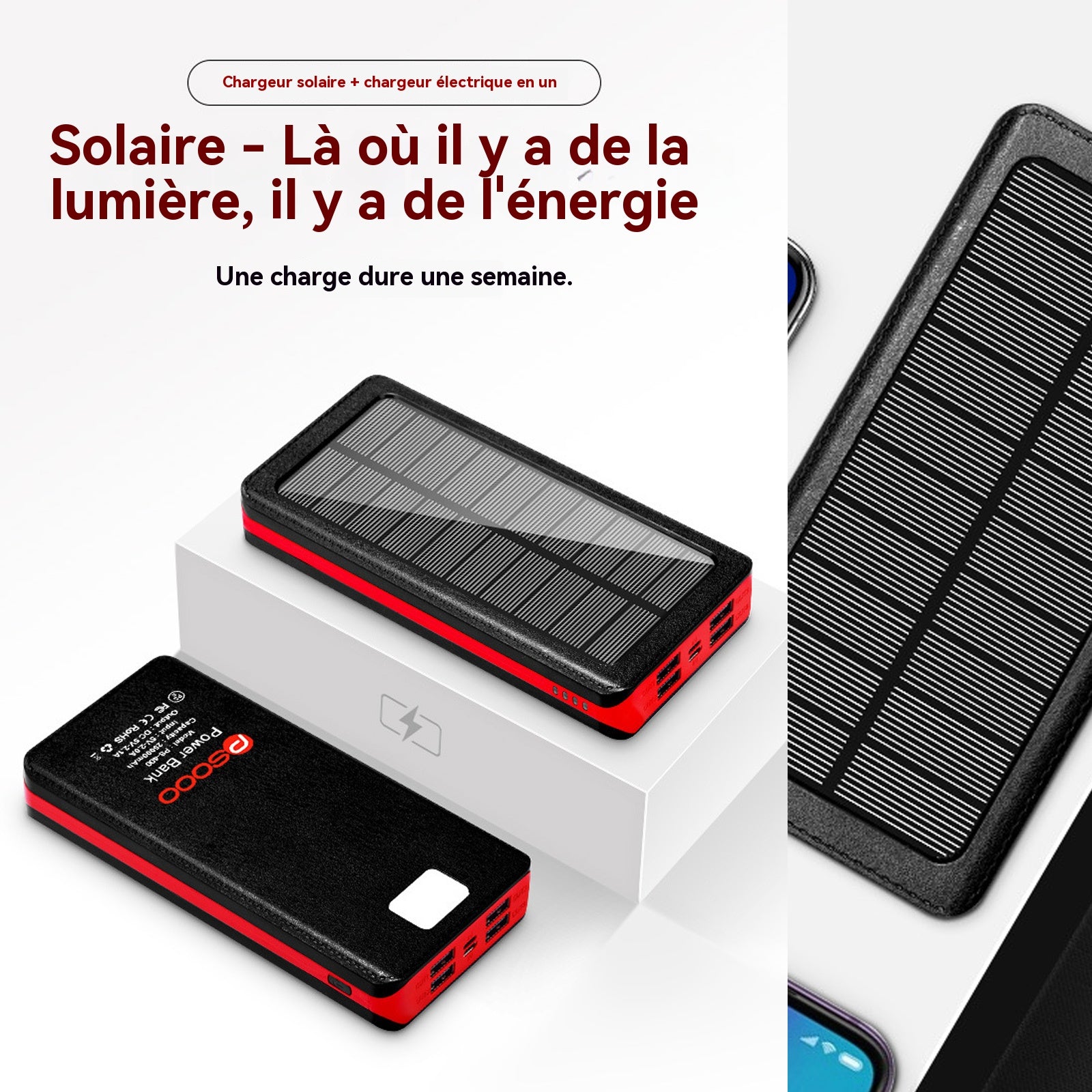 Batterie externe solaire 30000mah avec lumière LED banque d'alimentation portable avec 4 ports USB étanche power bank chargeur