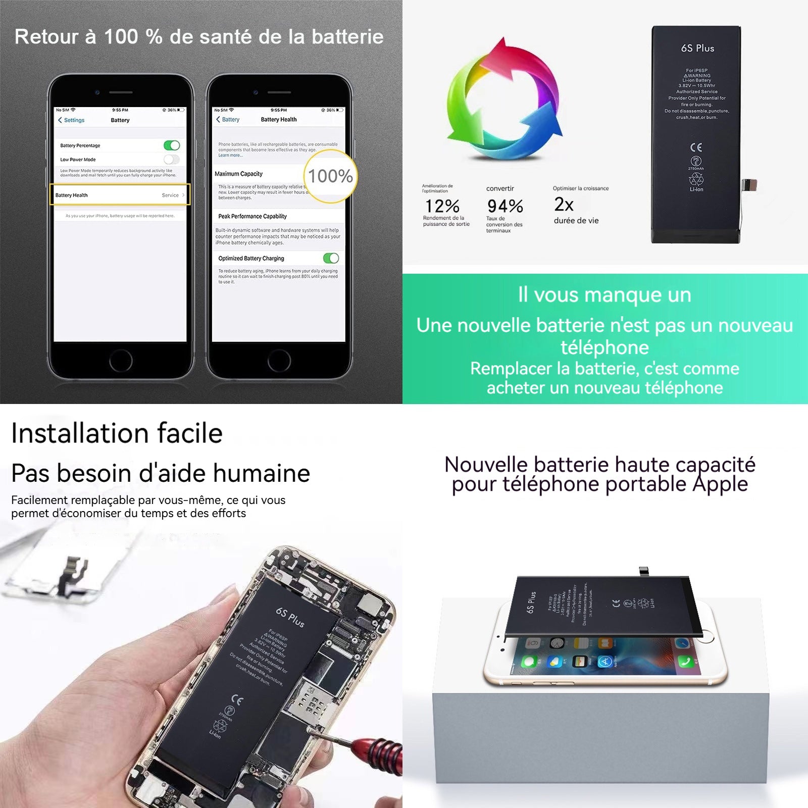 Batterie pour iPhone 6S Plus 2750mAh Batterie Li-ION Haute capacité avec boîte à Outils Instructions de Remplacement la Batterie