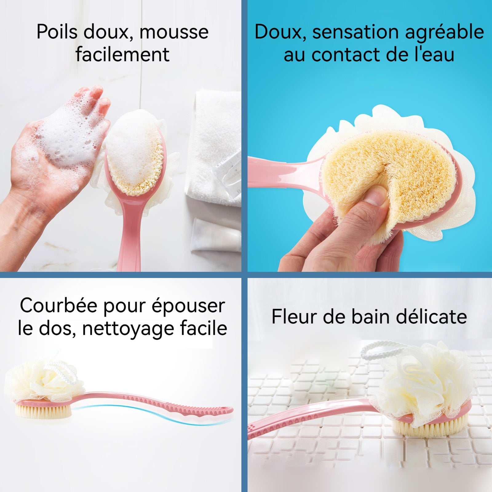 Éponge de bain 2 pcs 36x17cm 2 en 1 Brosse a dos à Poils Souples pour Hommes et Femmes Salle de Bain Fleur de bain à poils doux