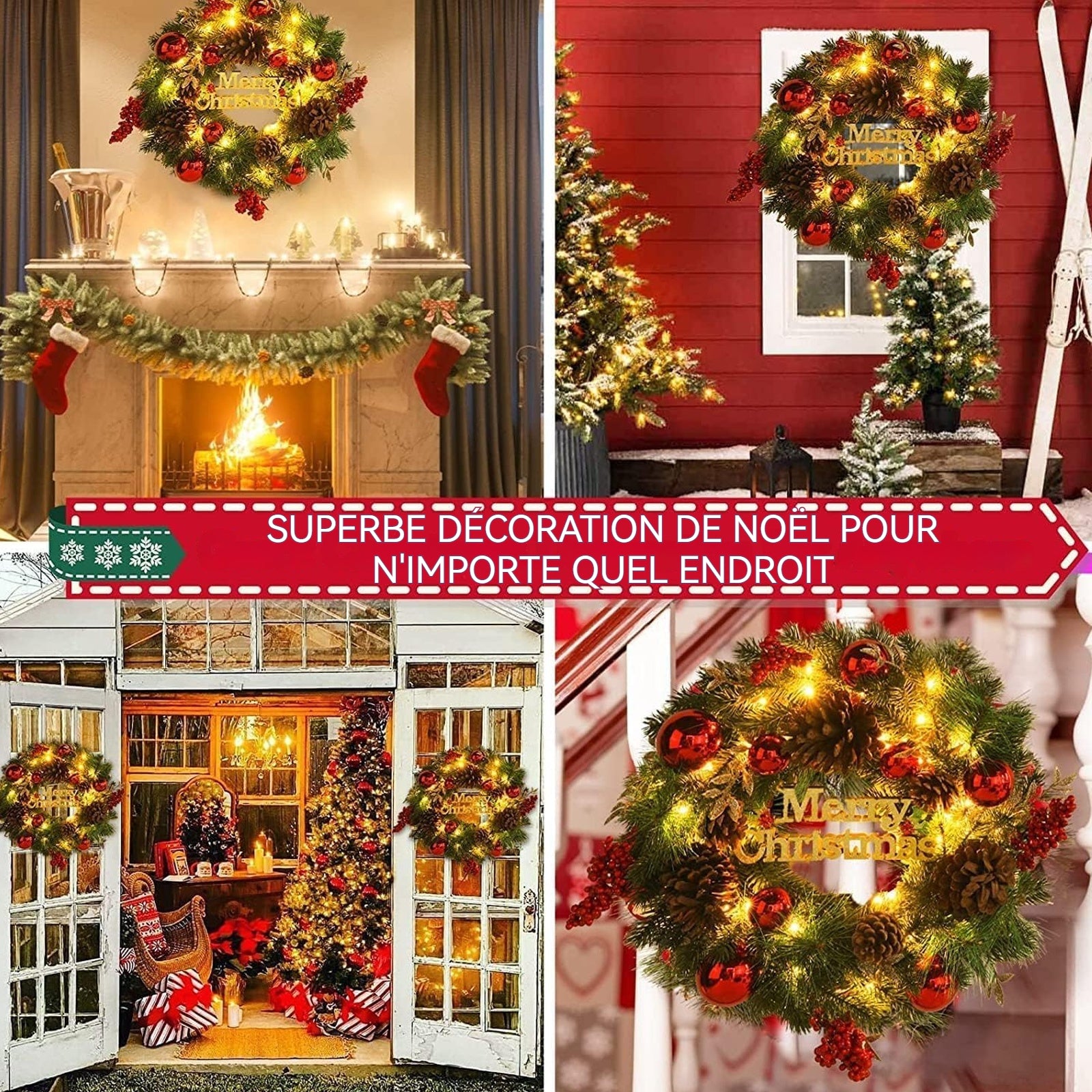 Couronne de Noël 40cm Guirlande de Noël Lumineuse Décoration de Noël pour Porte d'entrée Festival de Noël Décoration de la Maison