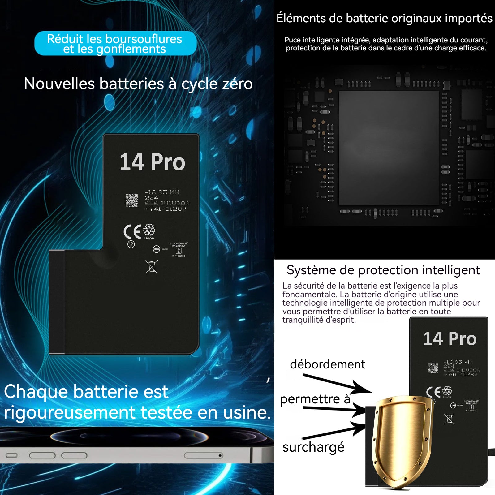 Batterie pour iPhone 14 Pro 3200 mAh Batterie de Remplacement Polymère Li-ION avec Kit d'Outils de Remplacement et Instructions