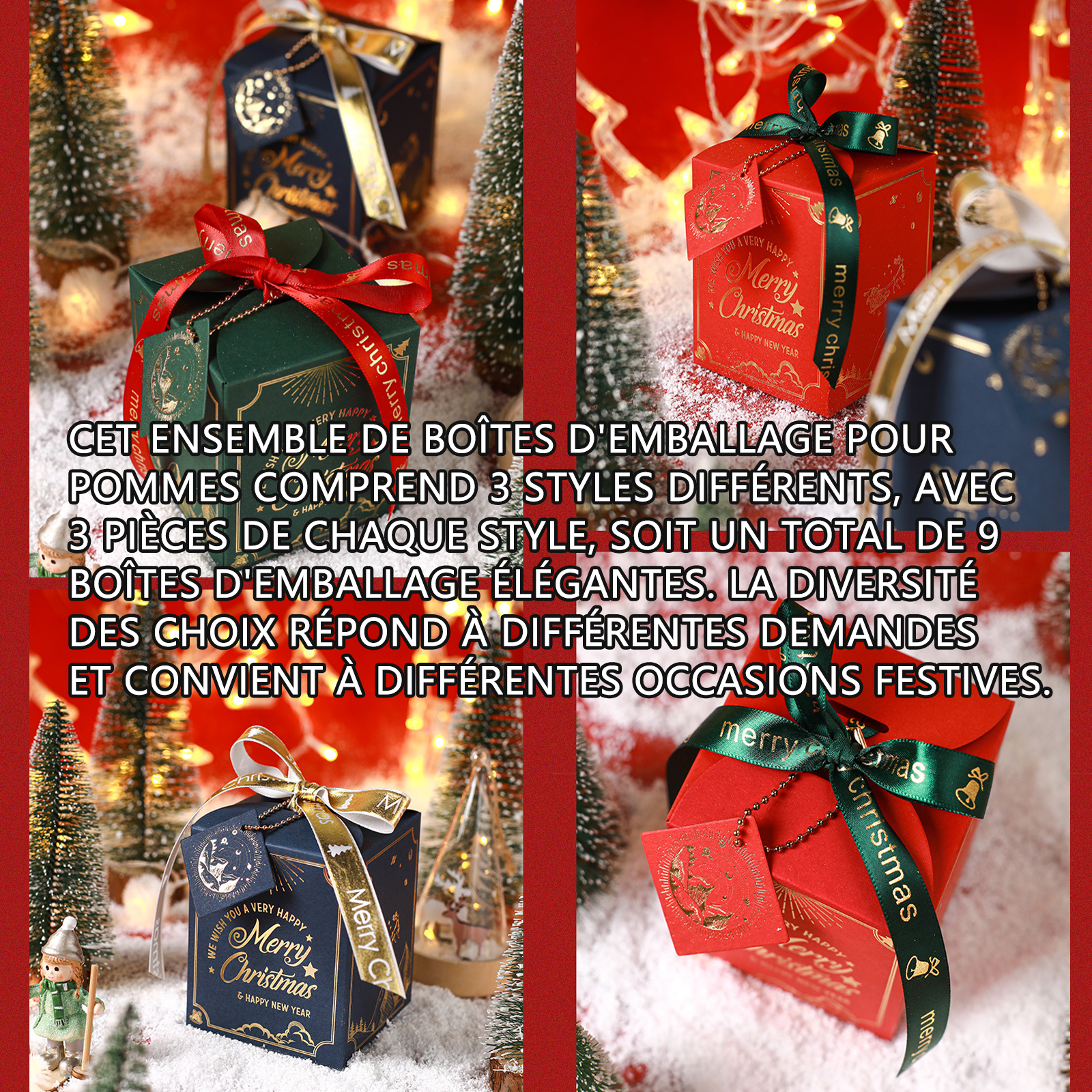 Emballage de noël 3 styles 9 pièces au total coffret cadeau apple box série noël livré avec des rubans et des étiquettes exquises