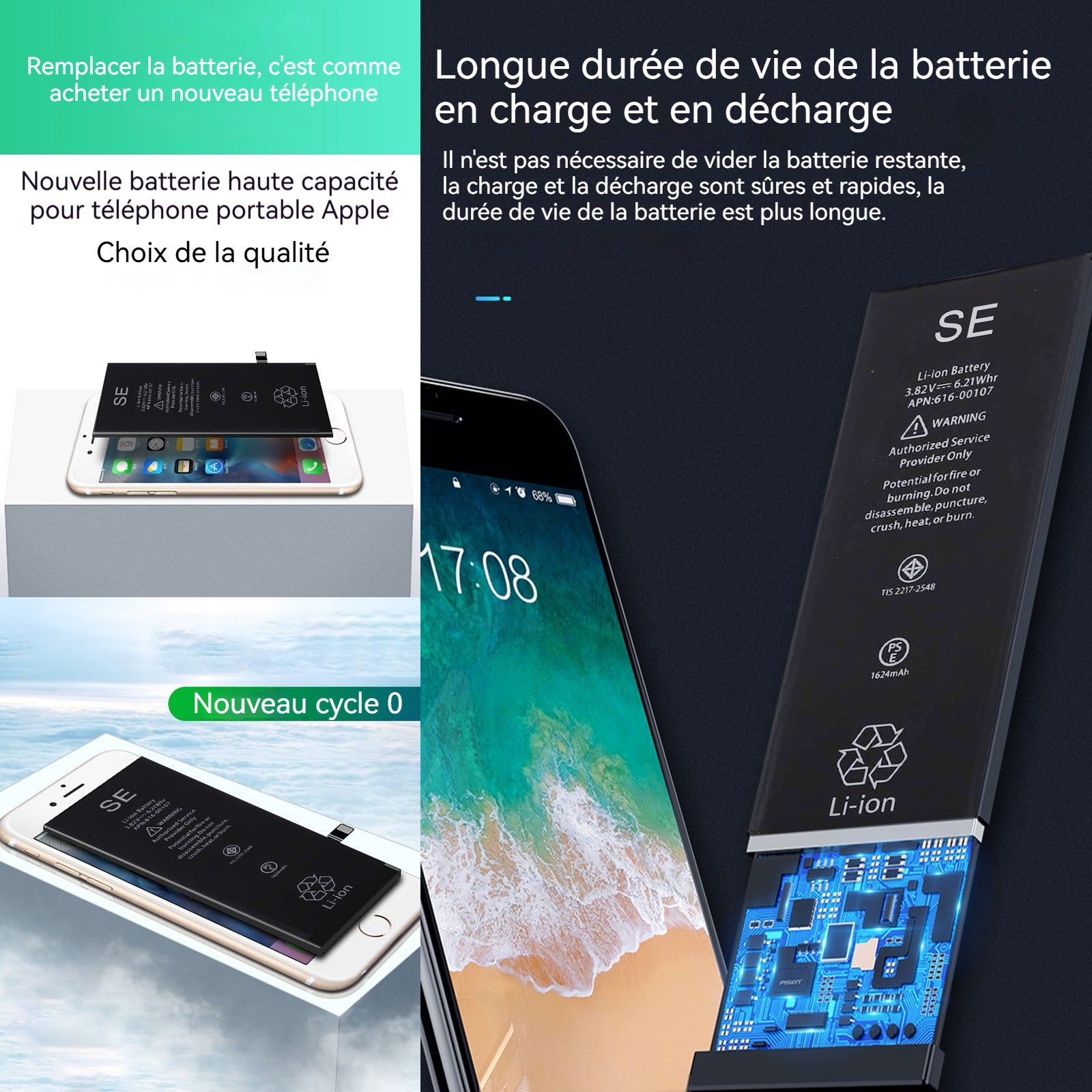 Batterie Premium de Remplacement pour iPhone SE 1624 mAh Identique à l'Original Kit Outils Professionnels et adhésif écran Inclus