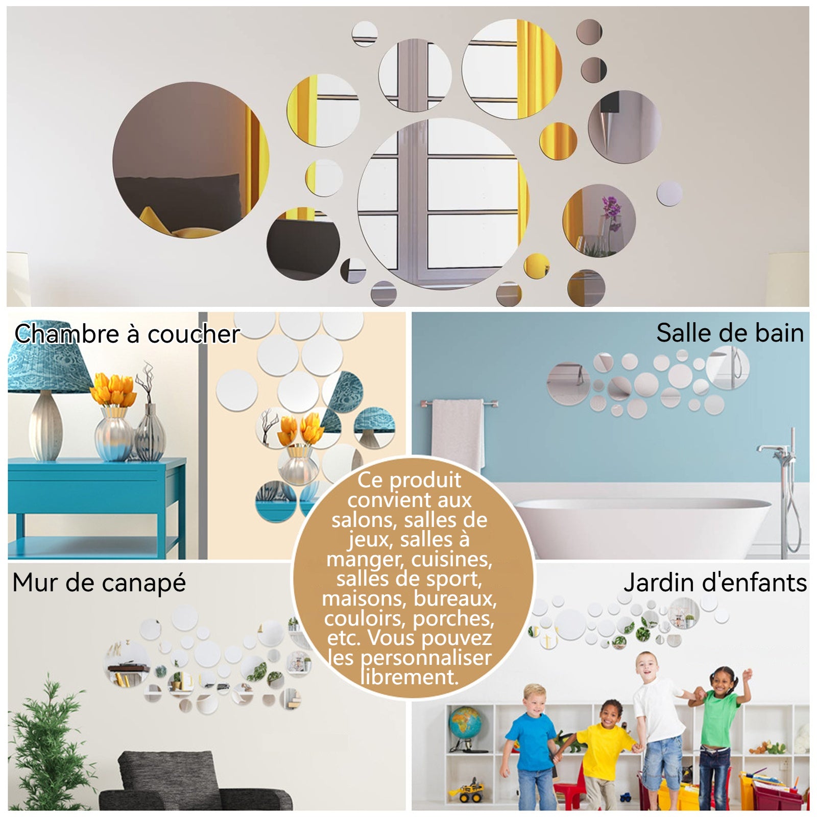 Miroir mural 34 PCS miroir rond autocollant 3D amovible en acrylique décoratif et créatif en verre souple miroir adhesif mural