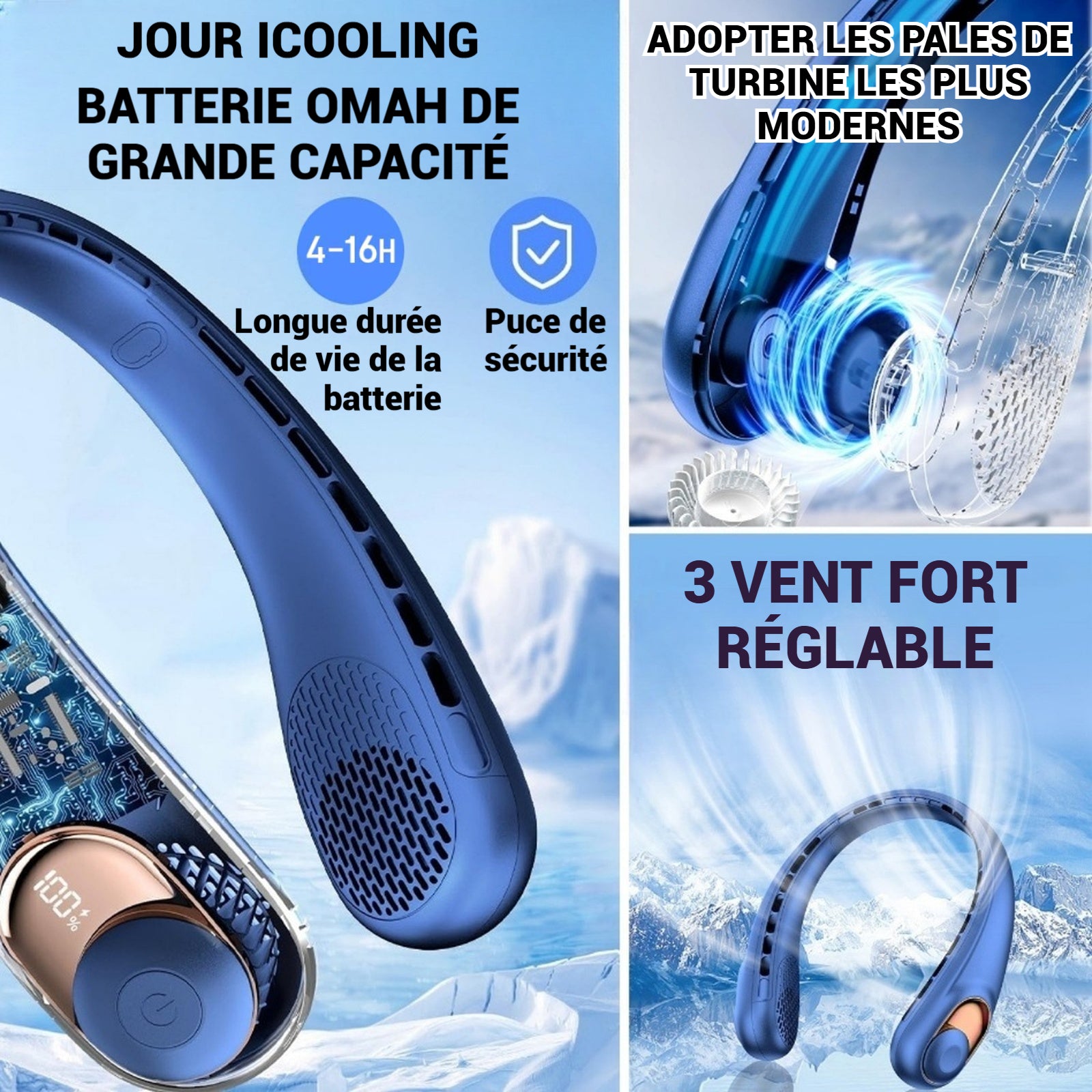 Ventilateur de cou sans pales 4000mah 3800-5800rpm réglable 3 vitesses réglable ventilateur portable éventail de cou silencieux