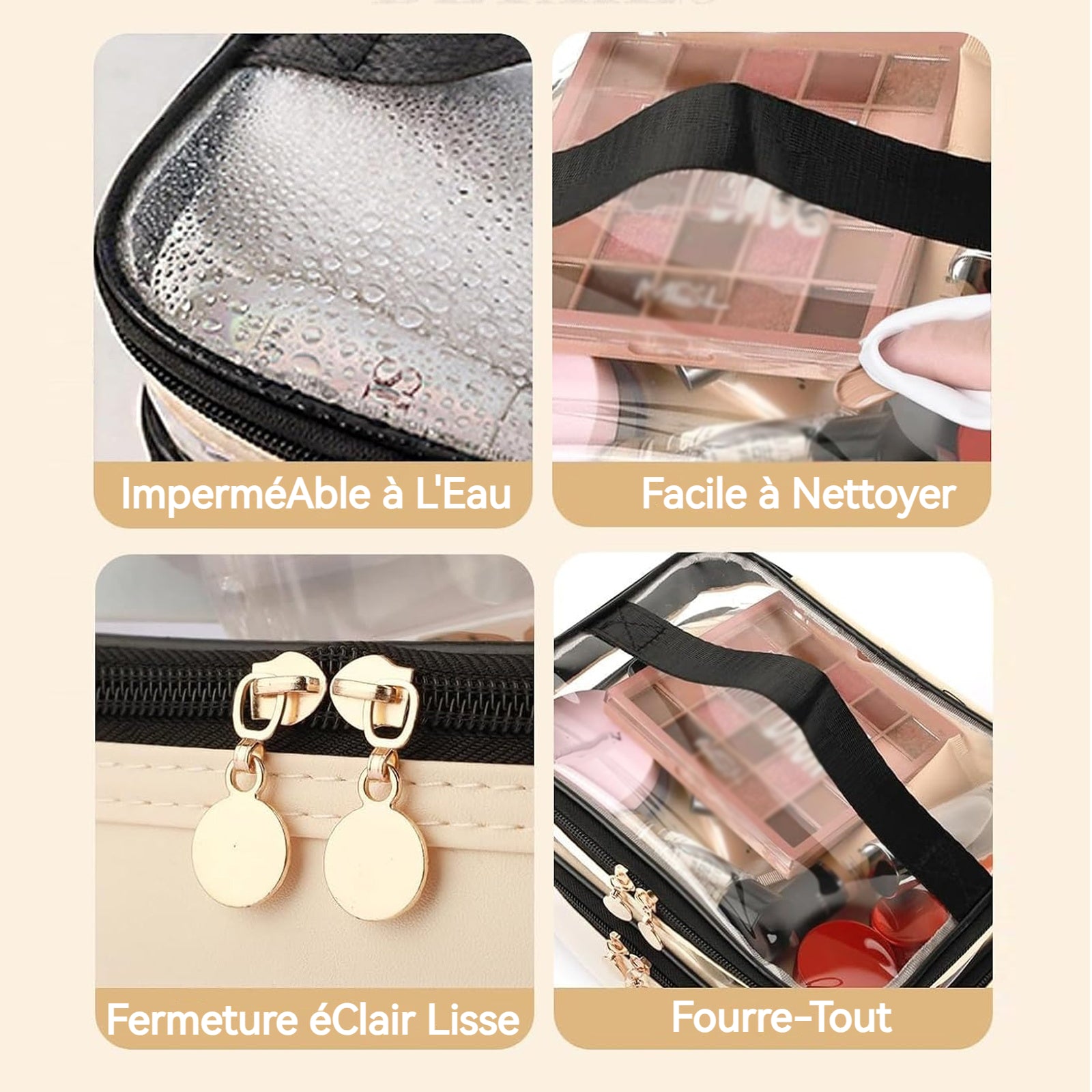 trousse de toilette 80g double couche transparent et visible imperméable avec poignée de transport grande capacité sac à cosmétiques