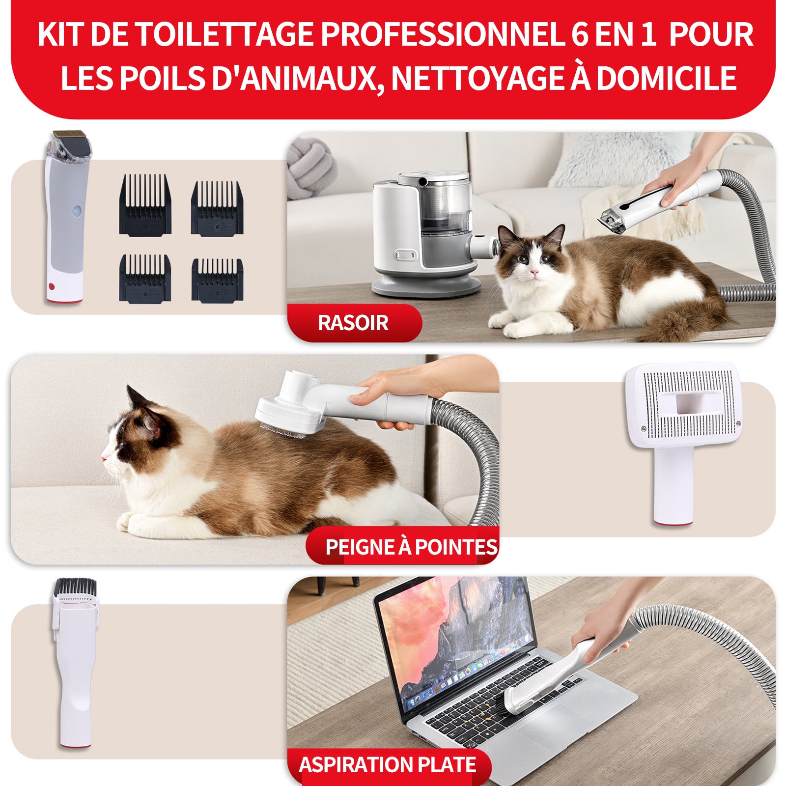 Aspirateur poil de chien 14kPa chat avec divers outils de toilettage 3L silencieuse ultra récipient pour tous les chiens et chats