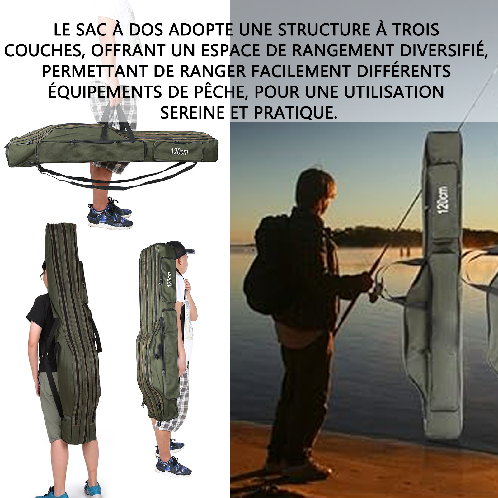 Sac de pêche 150cm avec trois couches de poches sac de pêche souple pliable portable grand sac ventral sac de matériel de pêche