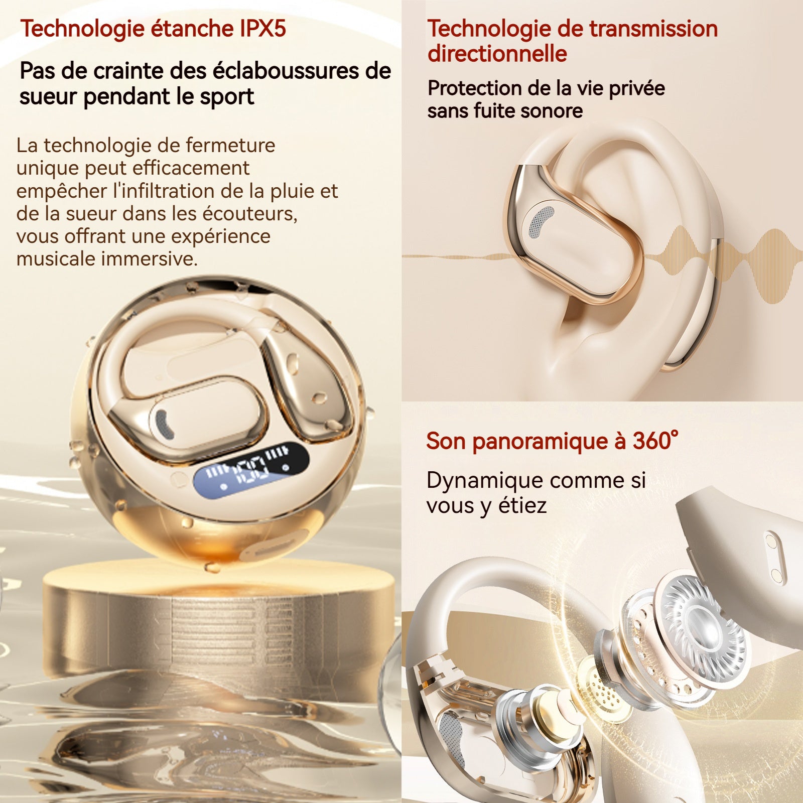 Écouteurs de Traduction IPX5 15m Autonomie prolongée Passez librement d'une utilisation mono à une utilisation stéréo Sensible