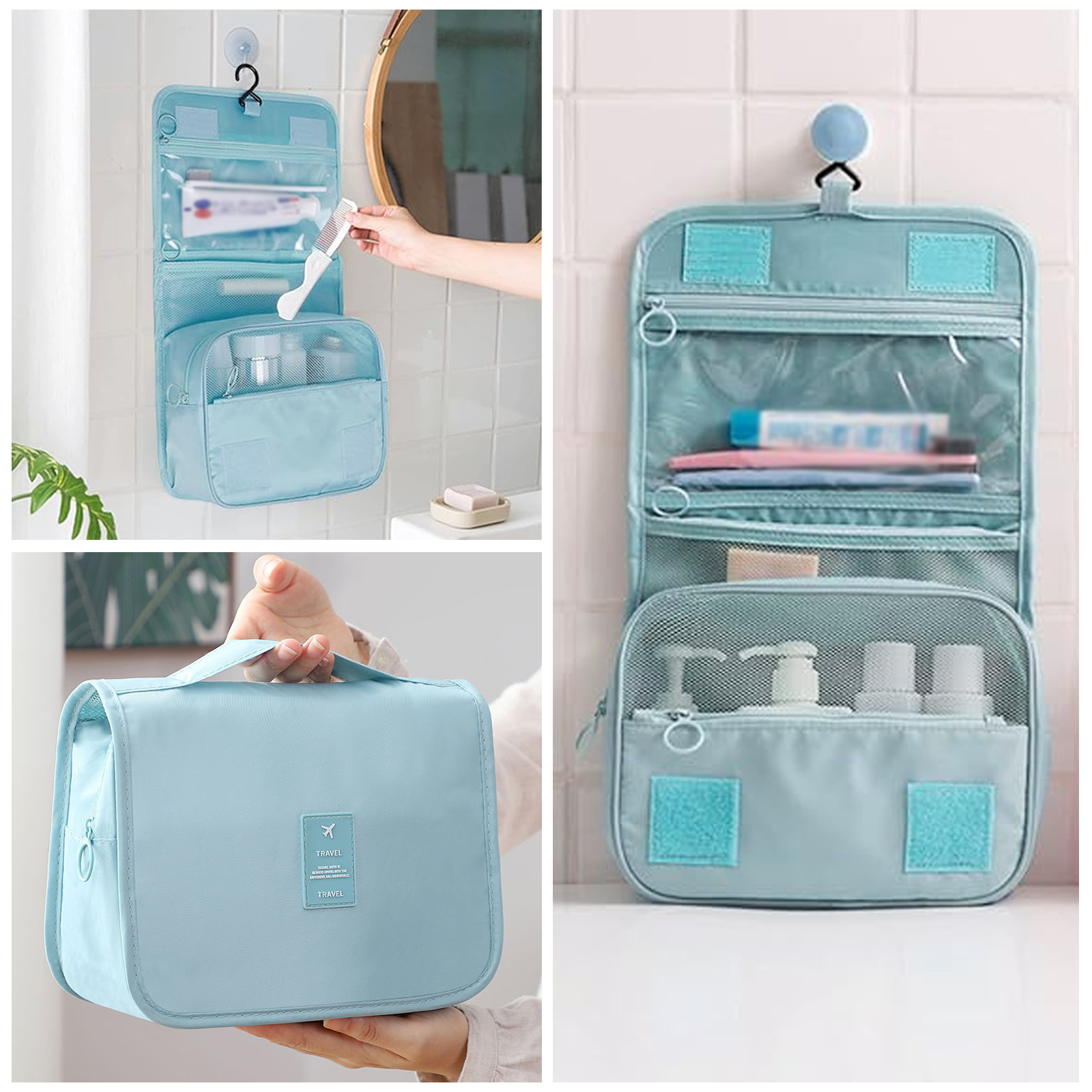 Trousse de toilette 24x9,5x18,5cm grande capacité pour séparer les articles secs et humides crochet de suspension pliable bleu