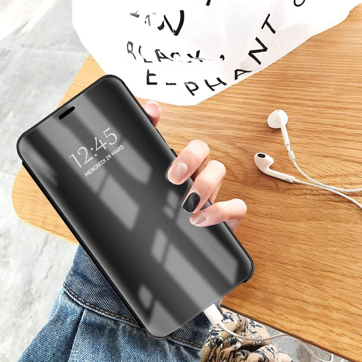 oque transparente Galaxy S10 noir Intelligent 6,1 pouces Couvercle rabattable Avec support Étui de téléphone portable ultra-mince