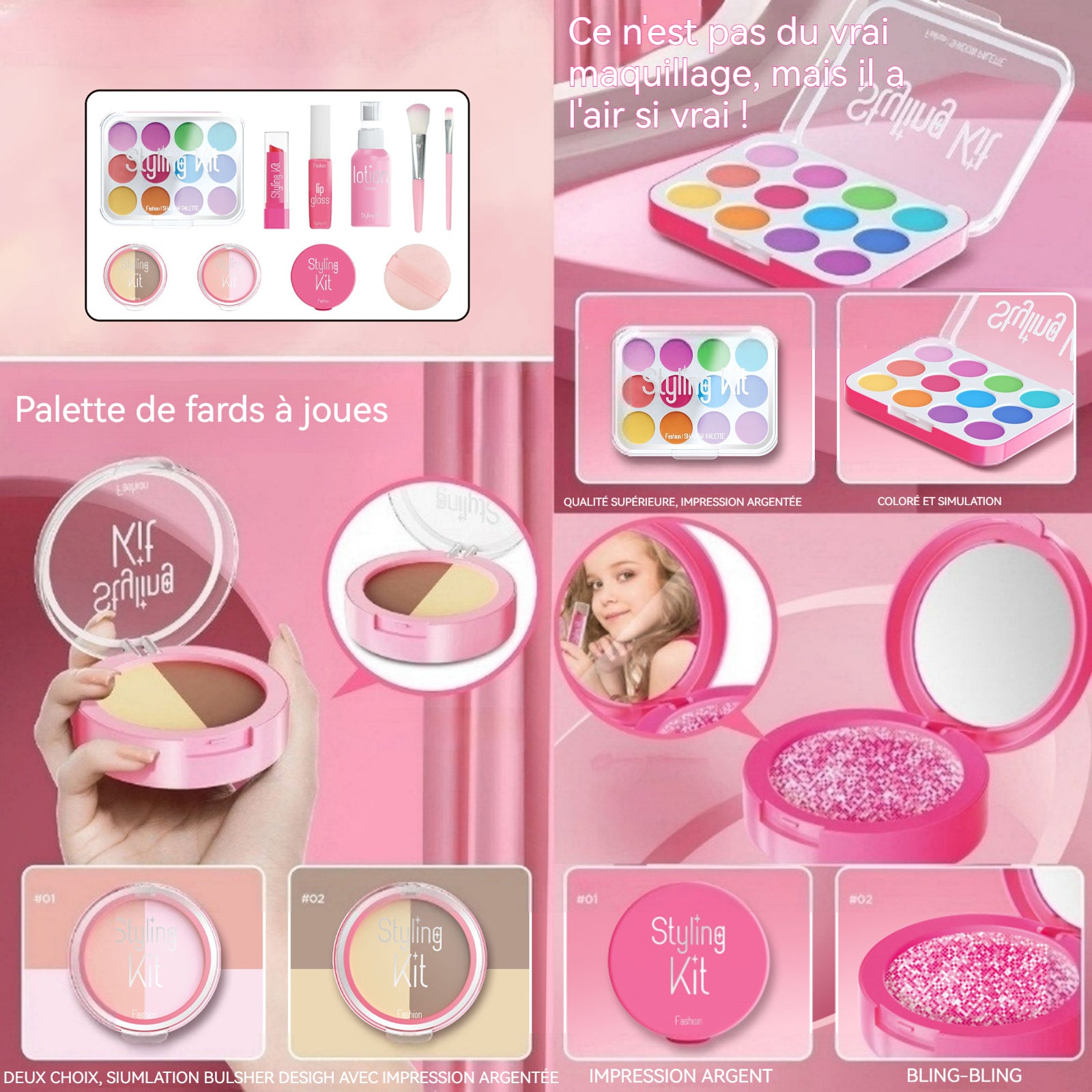 Maquillage enfant fille 10pcs jeu de faux maquillage pour filles rose coffret maquillage cadeaux pour enfants accessoires riches
