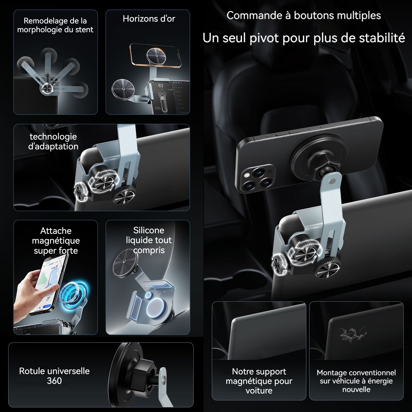 Support telephone voiture 15.9x6.8cm support voiture grand écran avec anneau d'aspiration magnétique réglage rotatif et télescopique