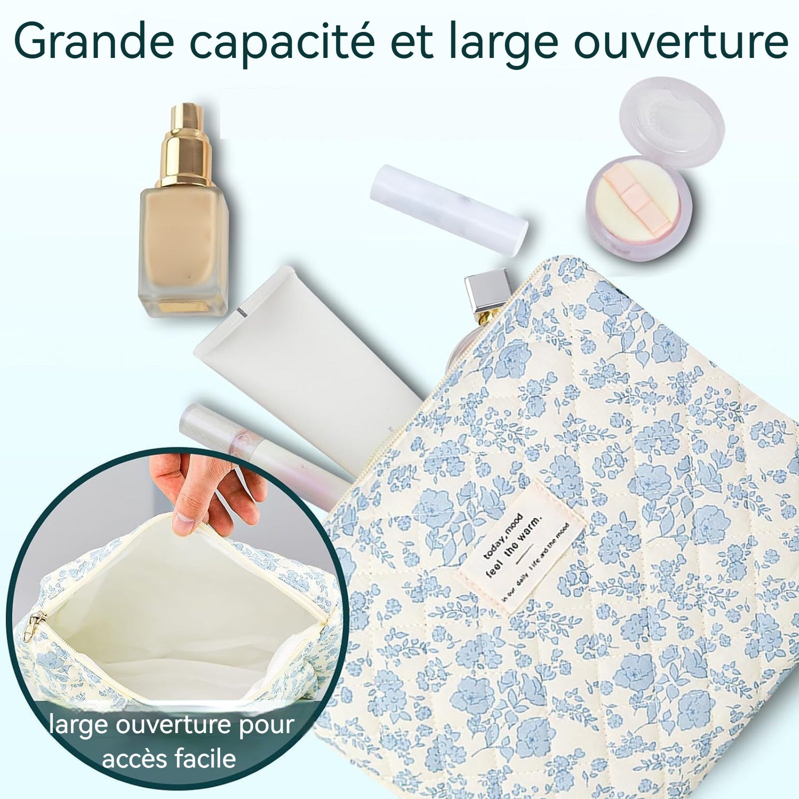 Lot de 3 Trousse de toilette de Voyage Pour Femmes Tissu coton doux Volume élevé Trousse de Maquillage Motifs fleuris bleu clair