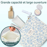Lot de 3 Trousse de toilette de Voyage Pour Femmes Tissu coton doux Volume élevé Trousse de Maquillage Motifs fleuris bleu clair