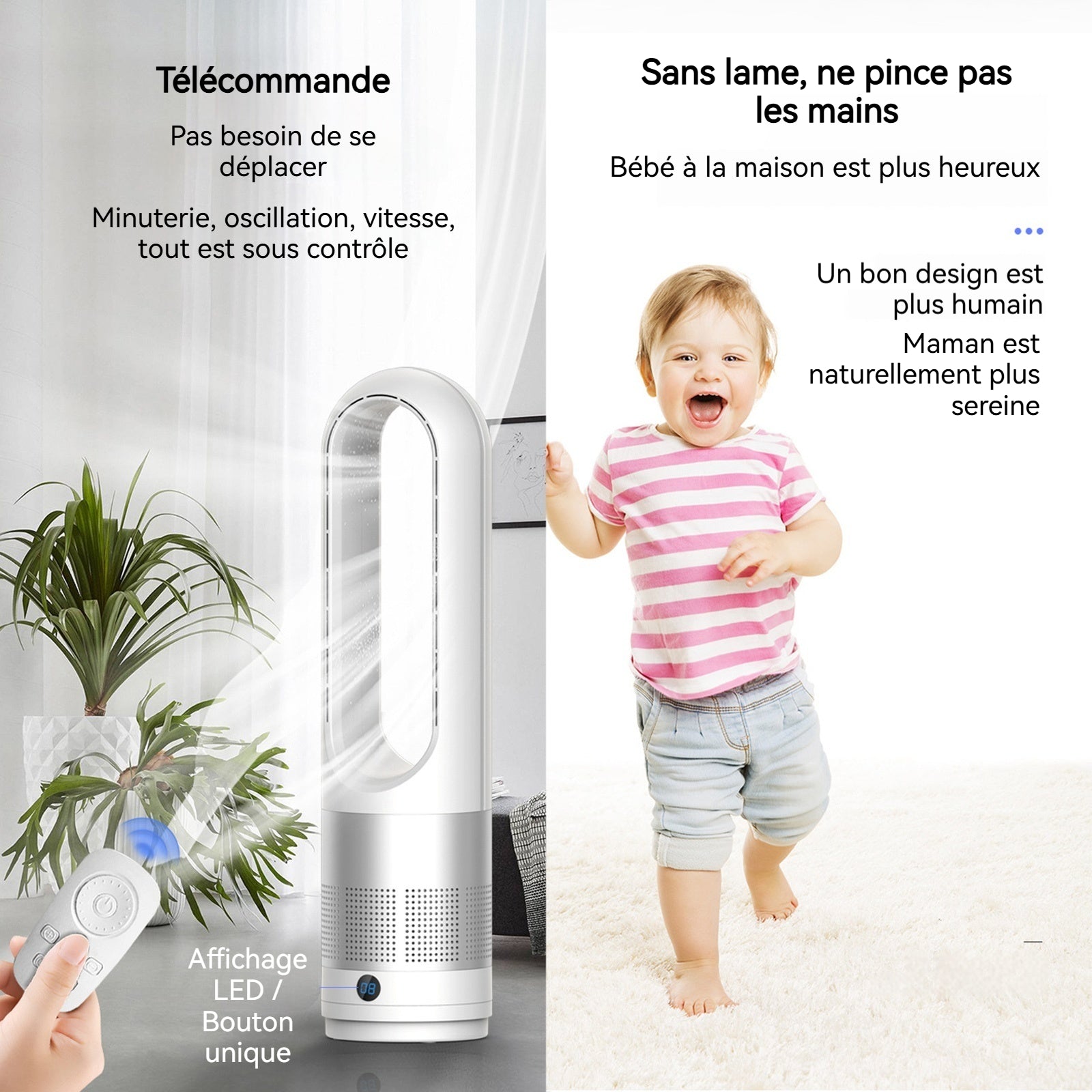 Ventilateur de bureau 15x15x60cm 40w 220v 8000rpm affichage numérique télécommande 8 niveaux réglables grand angle de 80 degrés