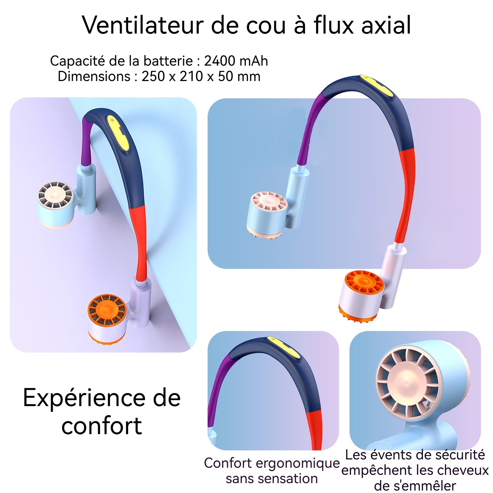 Ventilateur de Cou 2400 mAh Ventilateur réglable à trois vitesses Profitez d'une fraîcheur durable Ventilateur axial portable