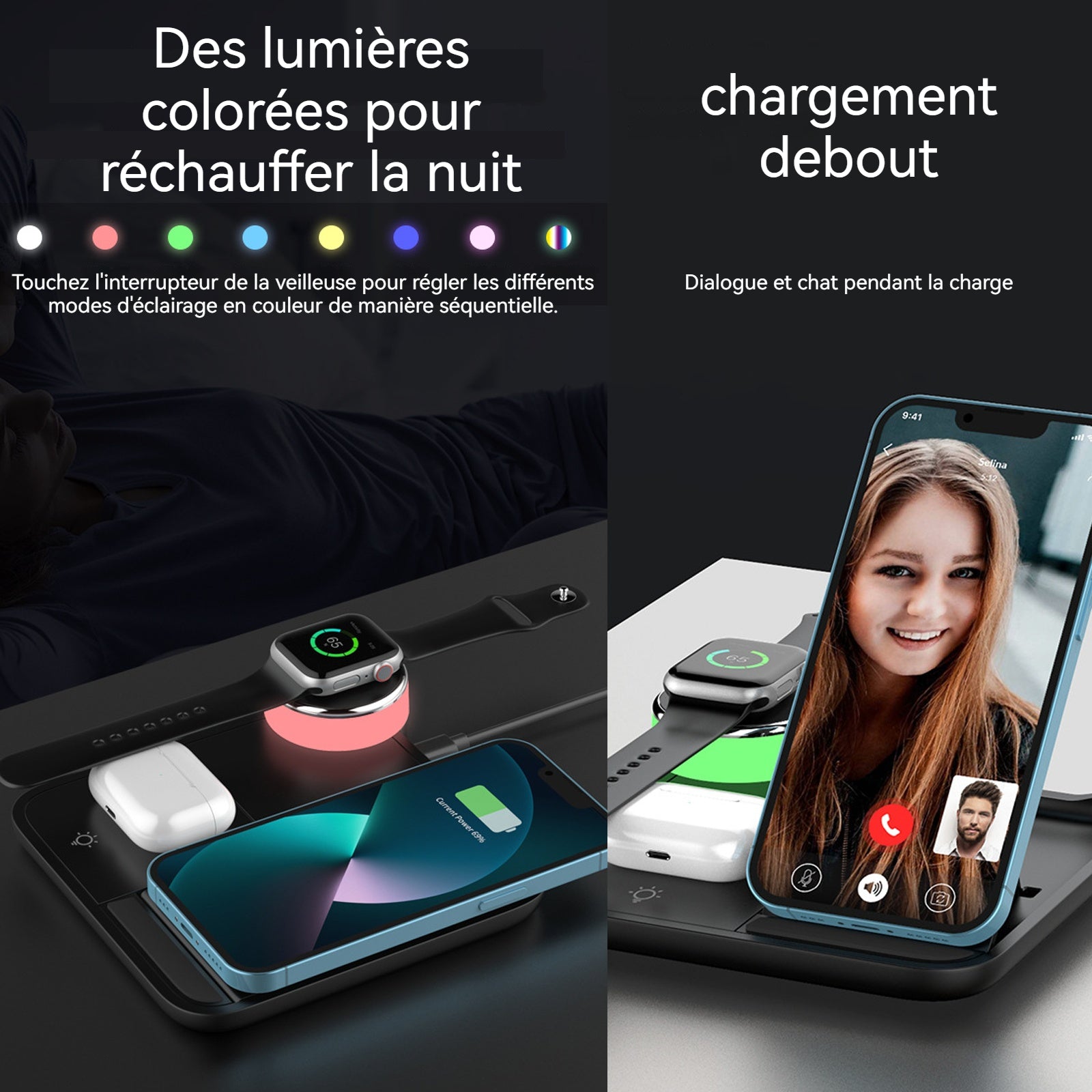 Chargeur sans fil rapide multifonctionnel pliable 15w avec des lumières colorées portable station de charge chargeur induction