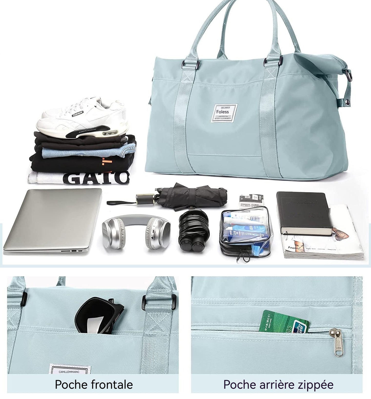 Sac de sport 48x28x17cm tissu oxford vert respirant et imperméable séparation humide et sèche sac de voyage pour femme sac à main