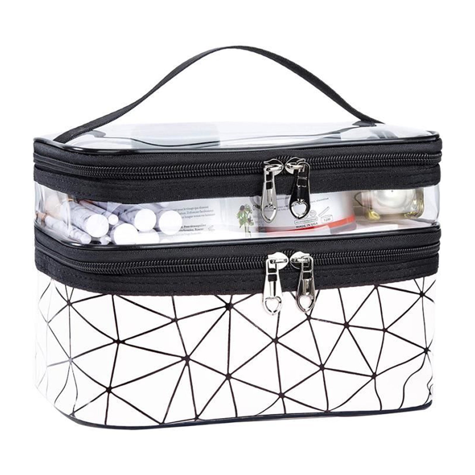 trousse de toilette 80g double couche transparent et visible imperméable avec poignée de transport grande capacité sac à cosmétiques