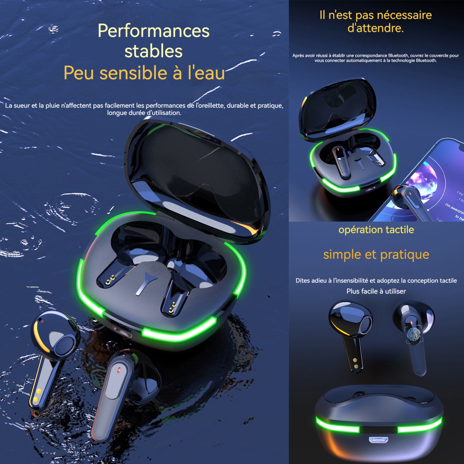 Écouteurs bluetooth sans fil bluetooth 5.1 stéréo lumière LED écouteurs de sport casque de jeu intra-auriculaire casque gaming