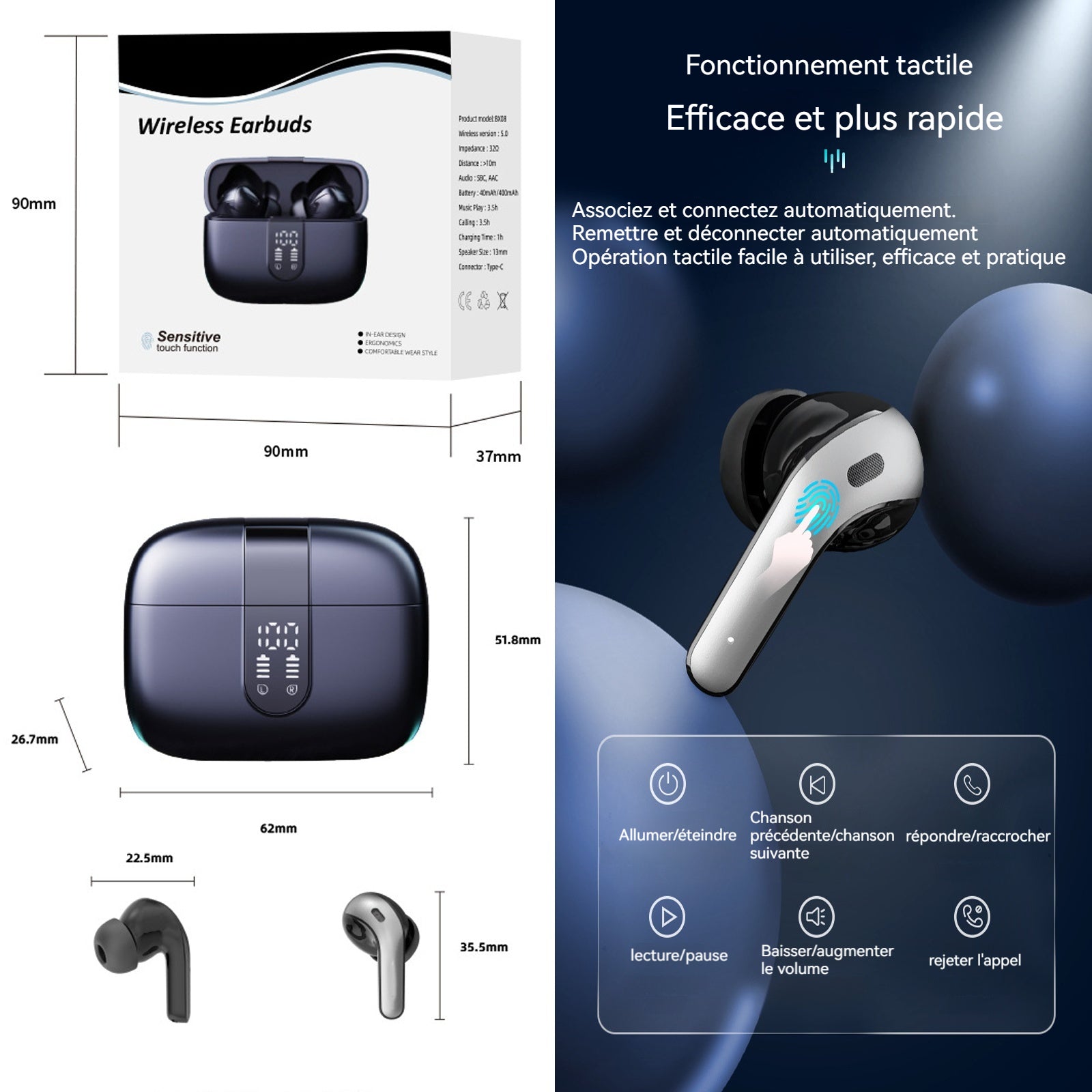 Ecouteurs bluetooth sans fil 36 heures durée d'utilisation réduction bruit à longue portée ecouteurs bluetooth intra-auriculaires