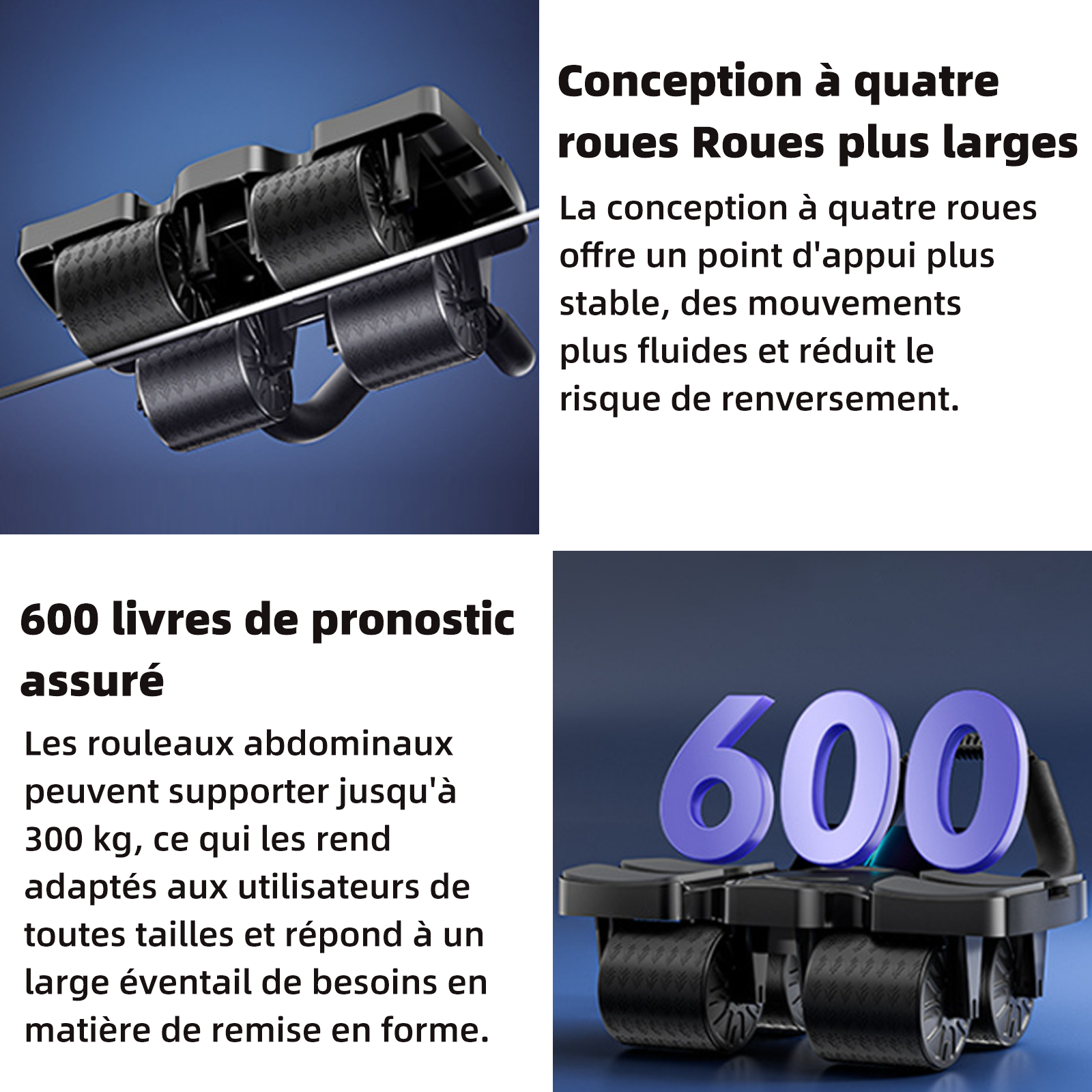 Roue abdominale 300kg capacité de charge à rebond automatique conception à quatre roues empattement plus large à la maison noir