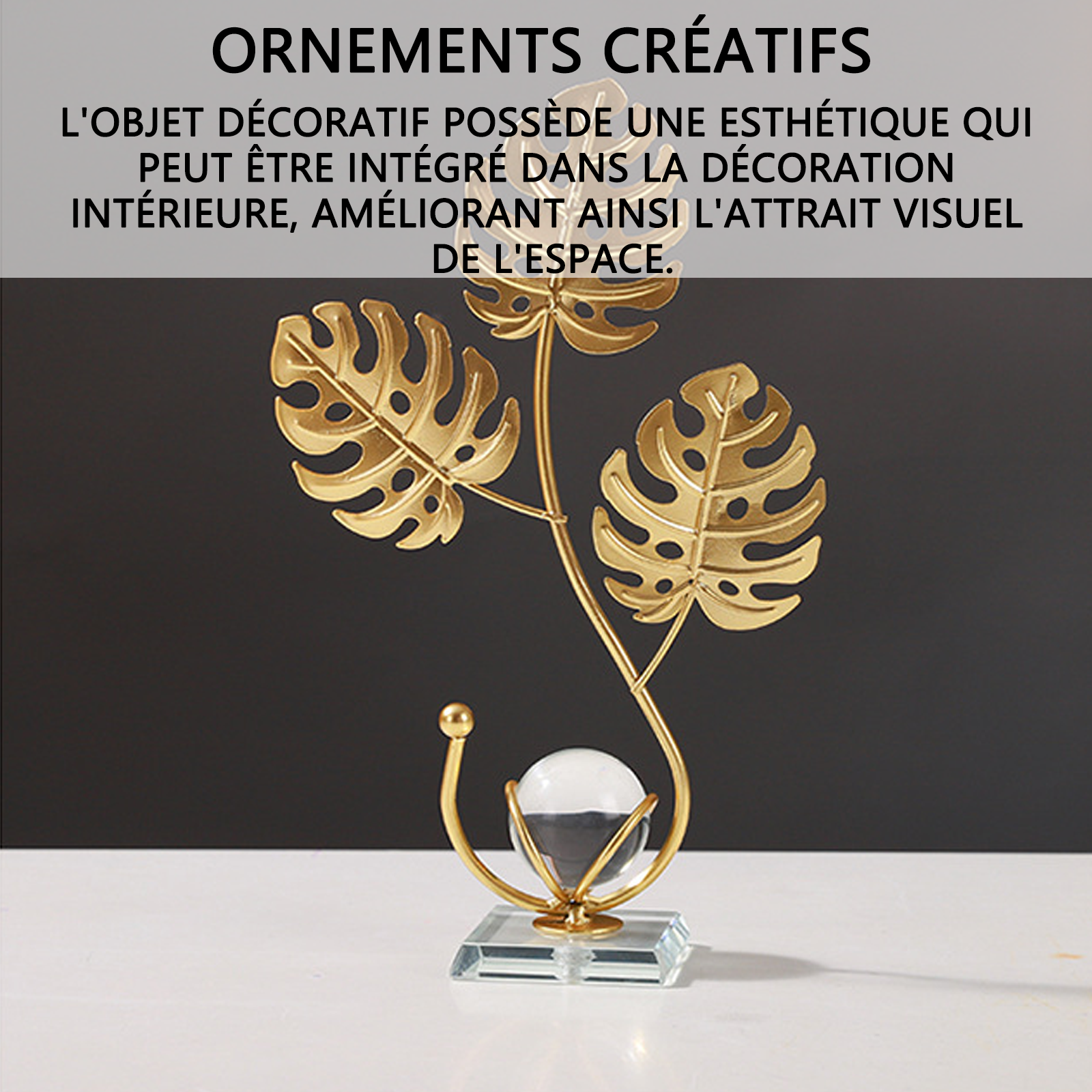Ornements 25,5x16x6cm boule de cristal à feuilles en métal décoration de bureau pour la maison et le salon petits objets decoratifs