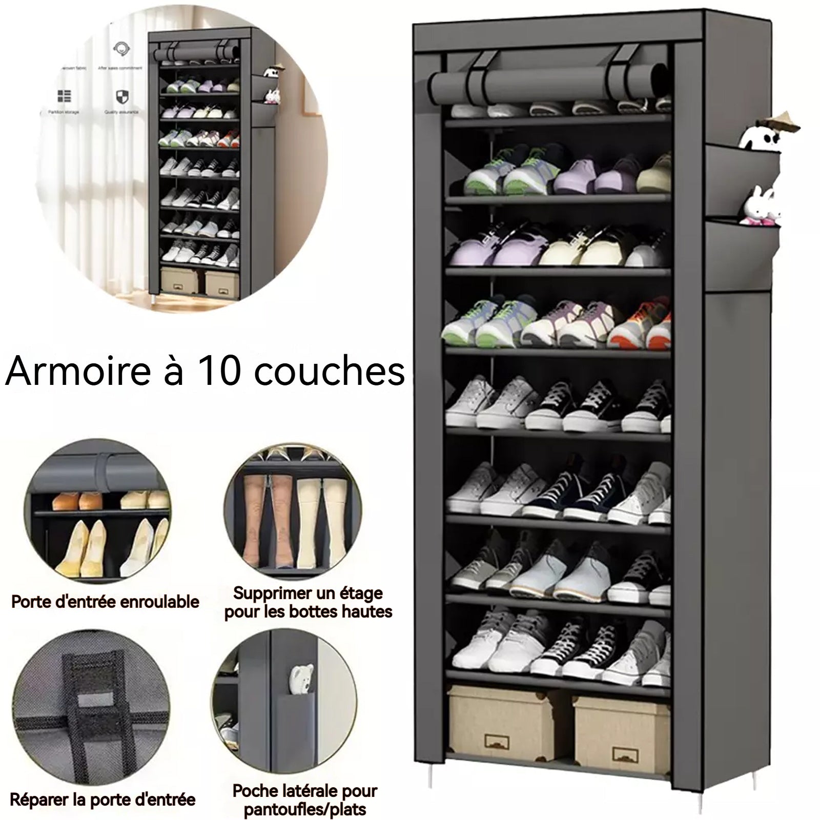 Étagère à chaussures en tissu 60x30x160cm 10 niveaux avec housse protection meuble chaussure en tissu range-chaussures en tissu