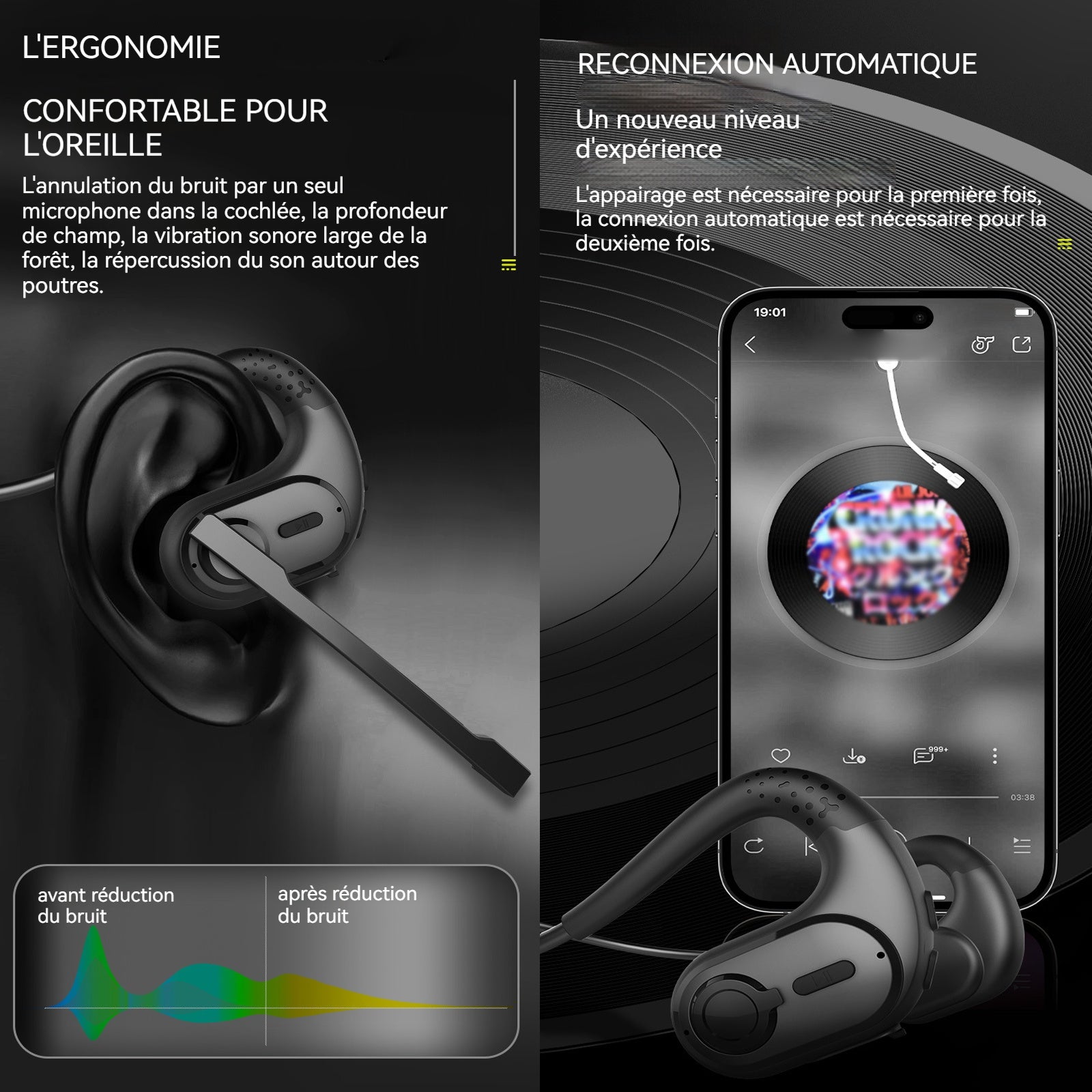 Casque Bluetooth à conduction osseuse télécommande audio canal stéréo microphone unique algorithme réduction du bruit d'appel