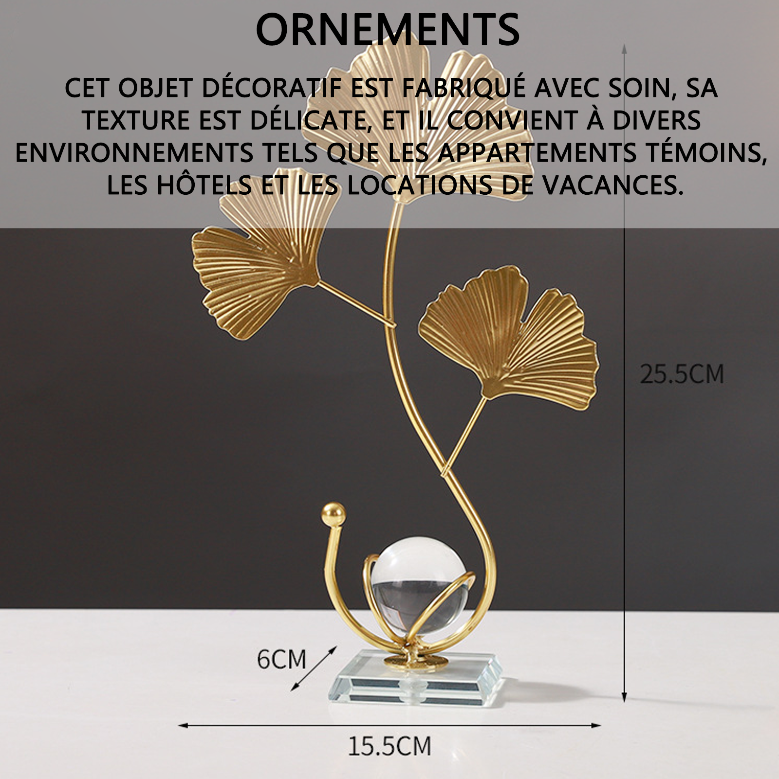 Ornements 25,5x16x6cm boule de cristal à feuilles en métal décoration de bureau pour la maison et le salon petits objets decoratifs