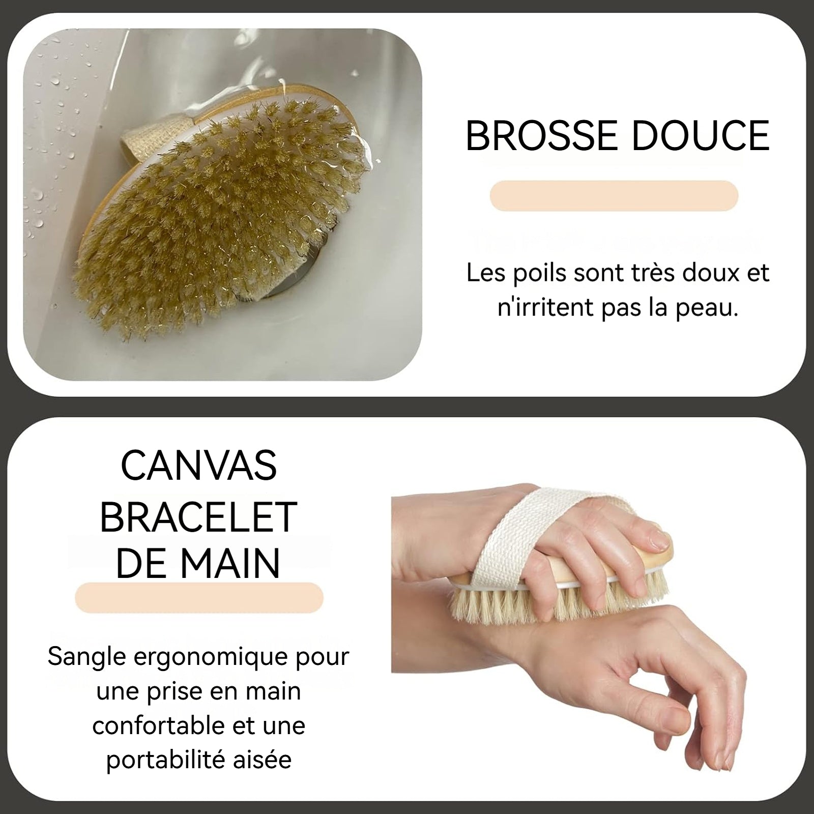 Brosse de Bain 145x85x5mm Brosse à poils avec manche en érable nettoyage en profondeur Portable Brosse de massage corporel Blanc