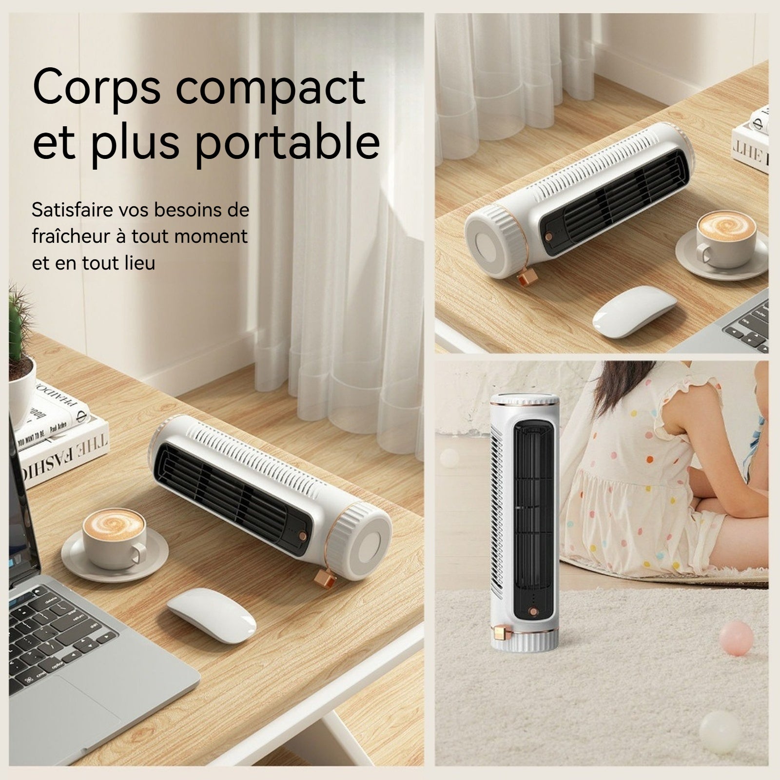 Ventilateur 3 vitesses de ventilation 60x80x270mm prise Type-C réduction du bruit ventilateur de circulation multifonction blanc