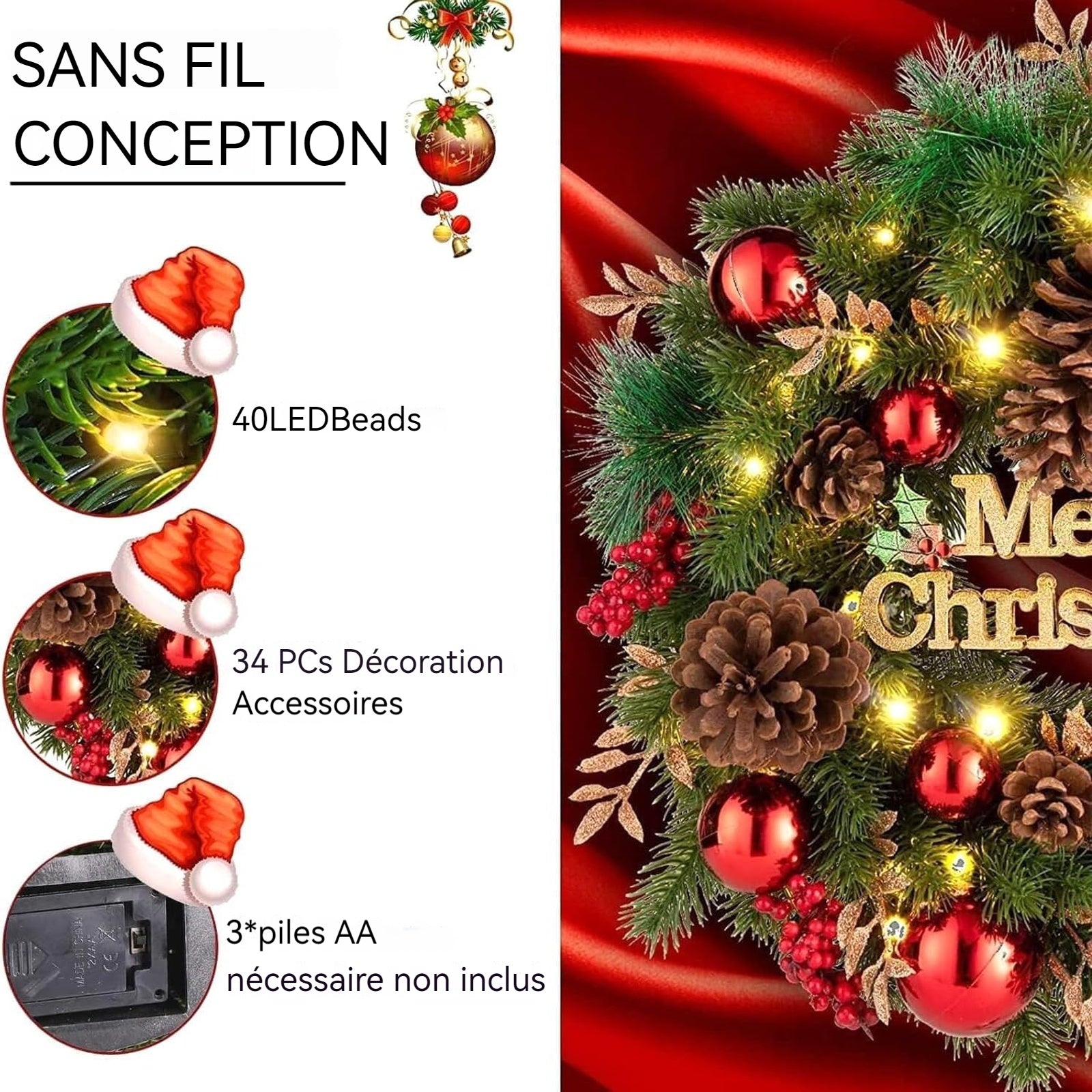 Couronne de Noël 40cm Guirlande de Noël Lumineuse Décoration de Noël pour Porte d'entrée Festival de Noël Décoration de la Maison